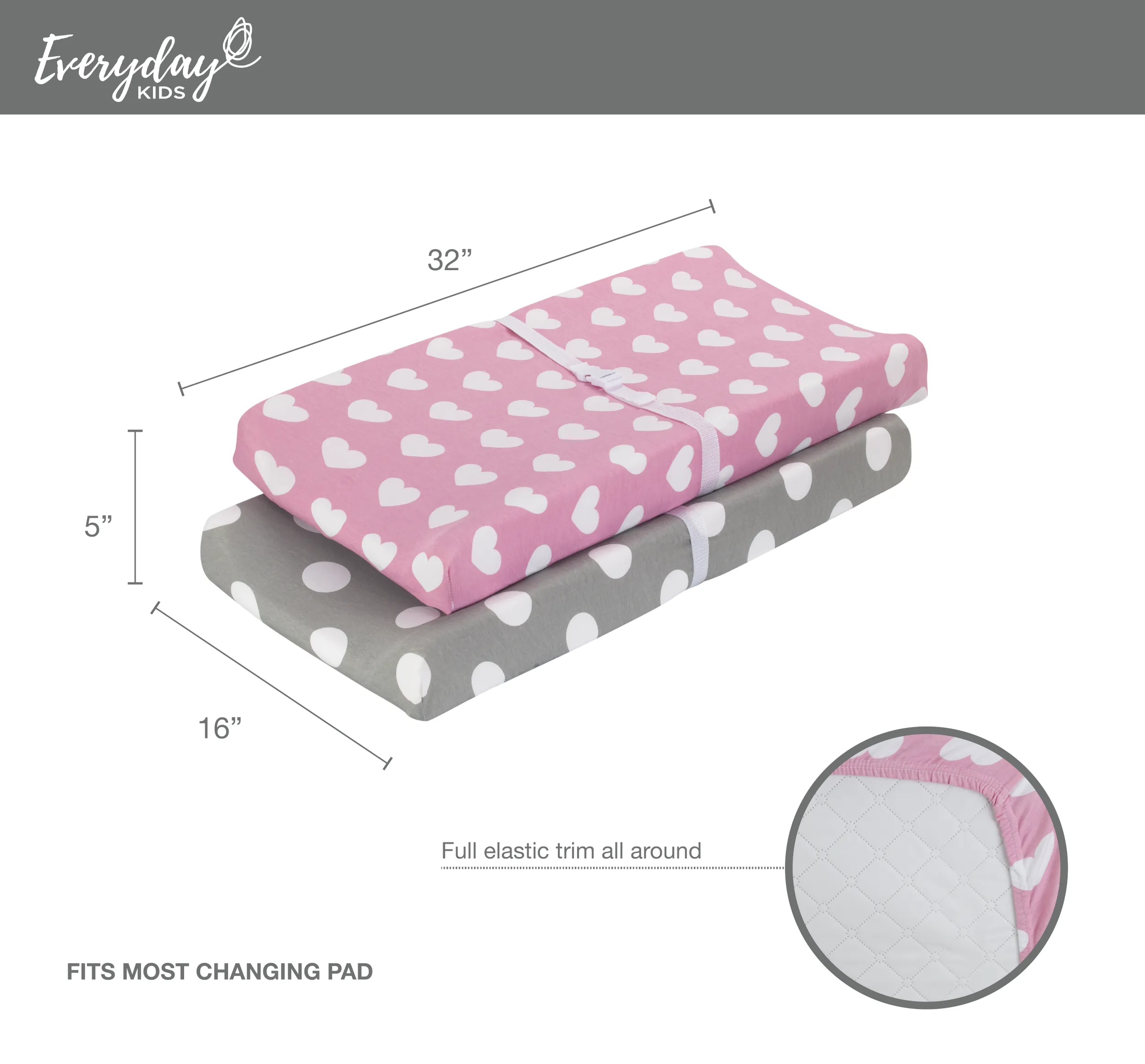 2 Pack Cotton Jersey Knit Changing Pad Cover - Hearts/Dots