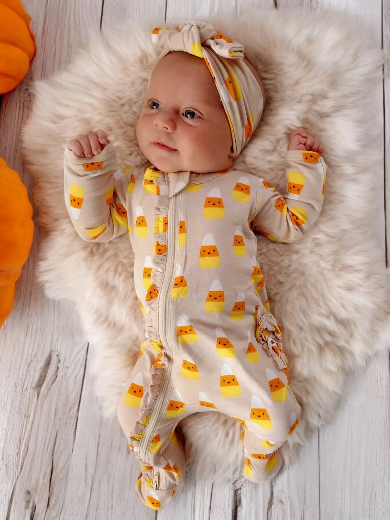 2-Way Ruffle Zip Footie, Candy Corn