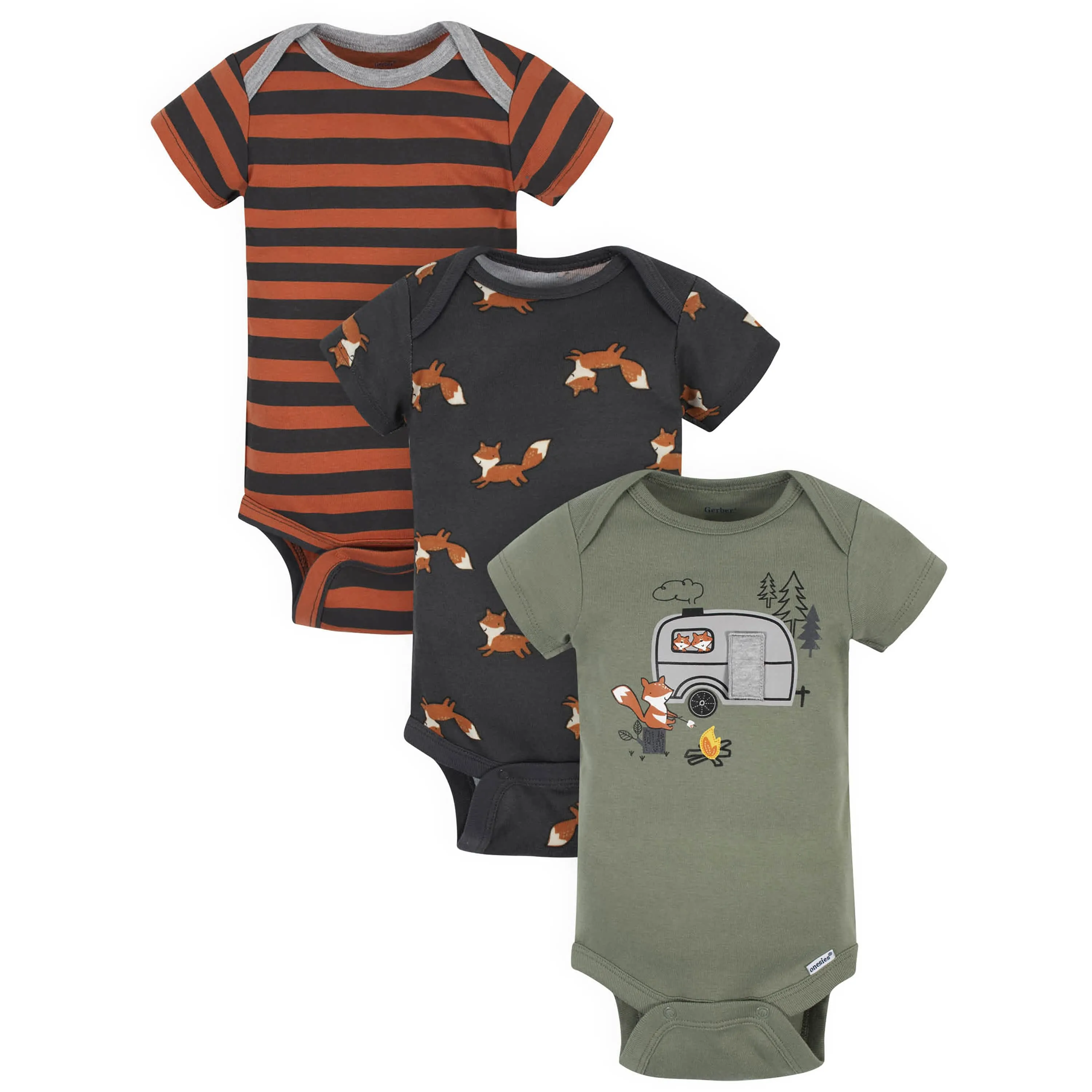 3-Pack Baby Boys Camping Short Sleeve Onesies® Bodysuits