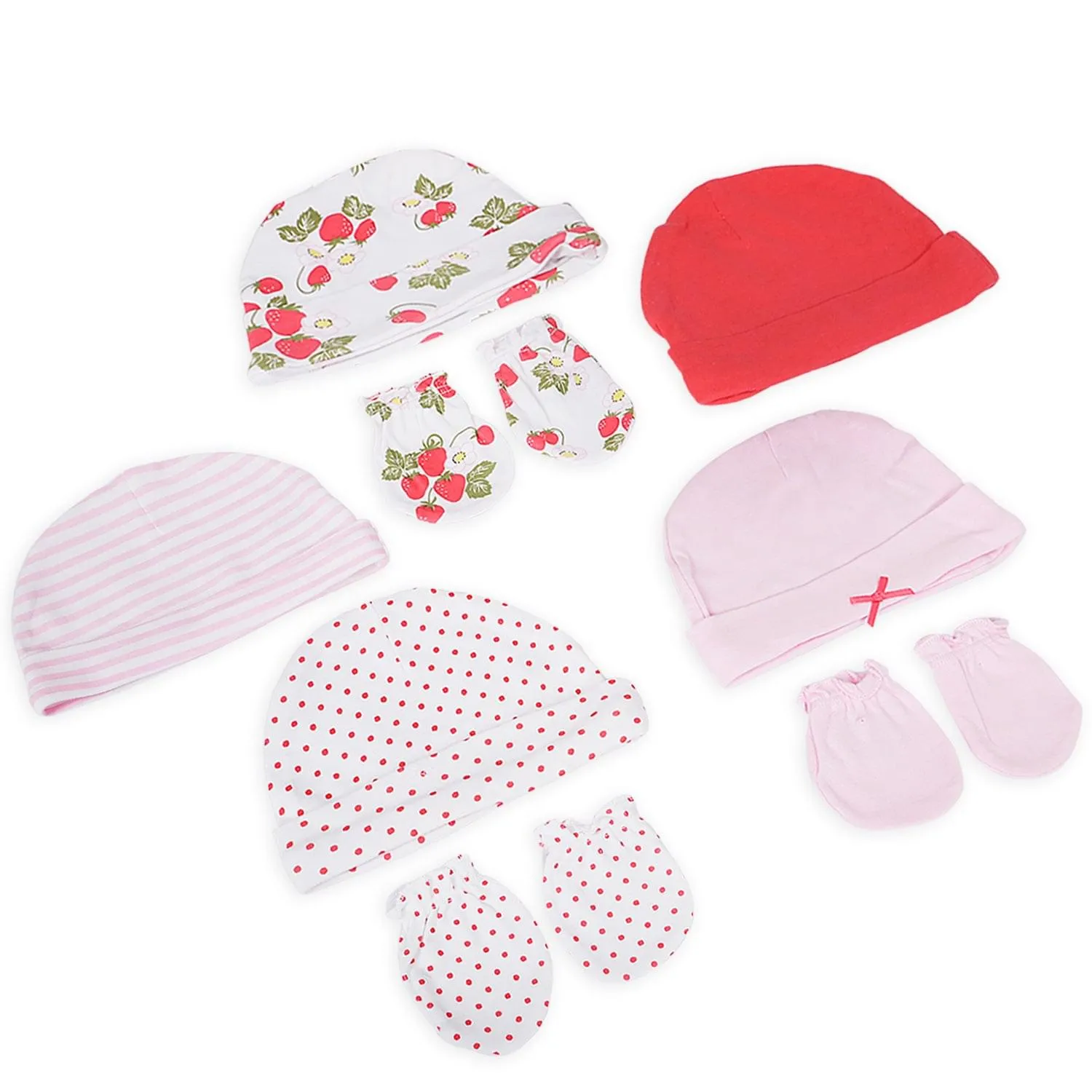 5 Caps And 3 Pair Mittens Gift Set Polka Dots Pink Red White