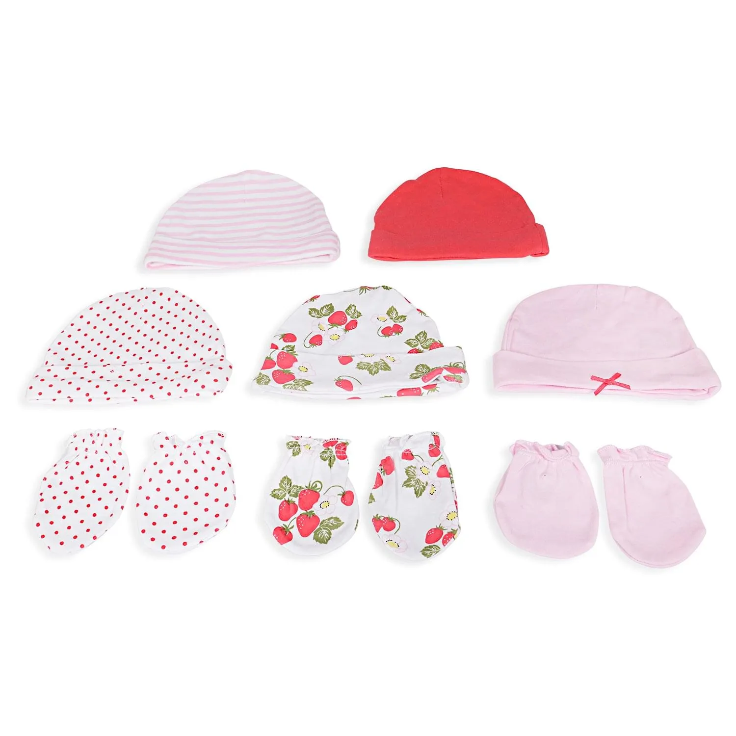 5 Caps And 3 Pair Mittens Gift Set Polka Dots Pink Red White