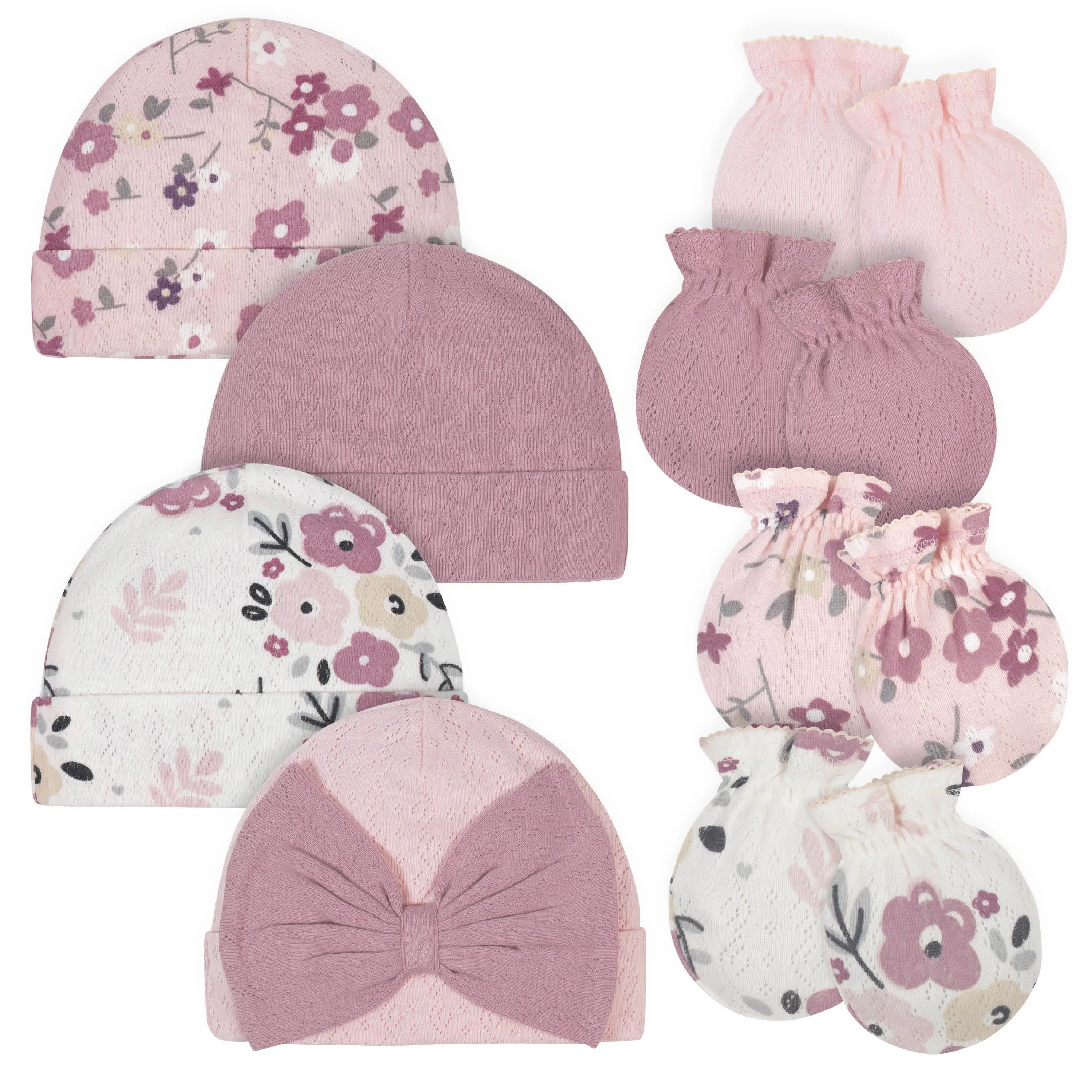 8-Piece Organic Baby Girls Floral Caps & No Scratch Mittens