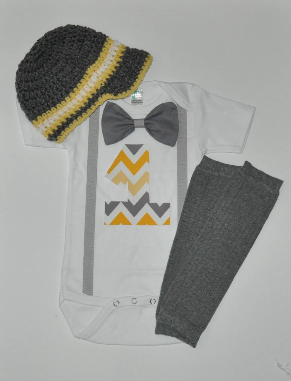 Baby Boy/Toddler chevron cake smash outfit, gray and yellow newspaper boy hat, yellow and gray birthday shirt, smash cake outfit, legwarmers