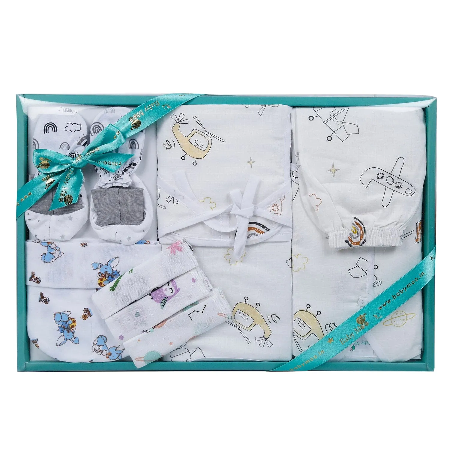 Baby Moo Sky Explorer Theme Print Infant Essentials 10 Pcs Muslin Clothing Gift Set - Multicolour