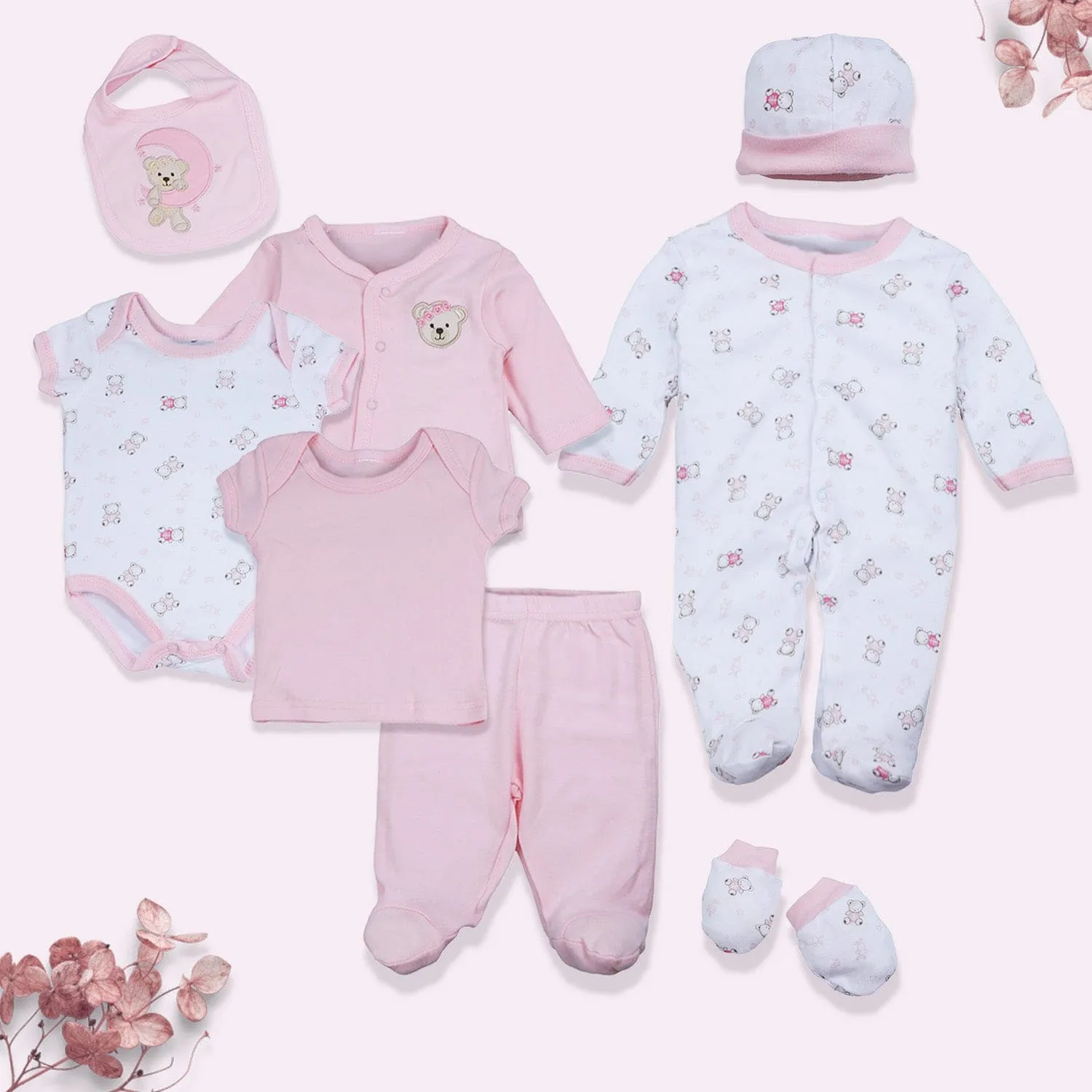 Baby Moo Sleepy Teddy Cotton Infant Essentials 8 pcs Romper Gift Set - Pink