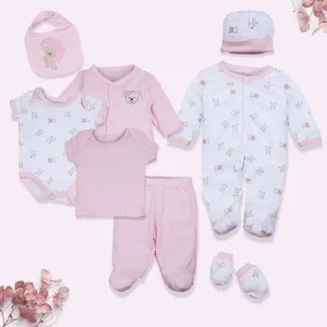 Baby Moo Sleepy Teddy Cotton Infant Essentials 8 pcs Romper Gift Set - Pink