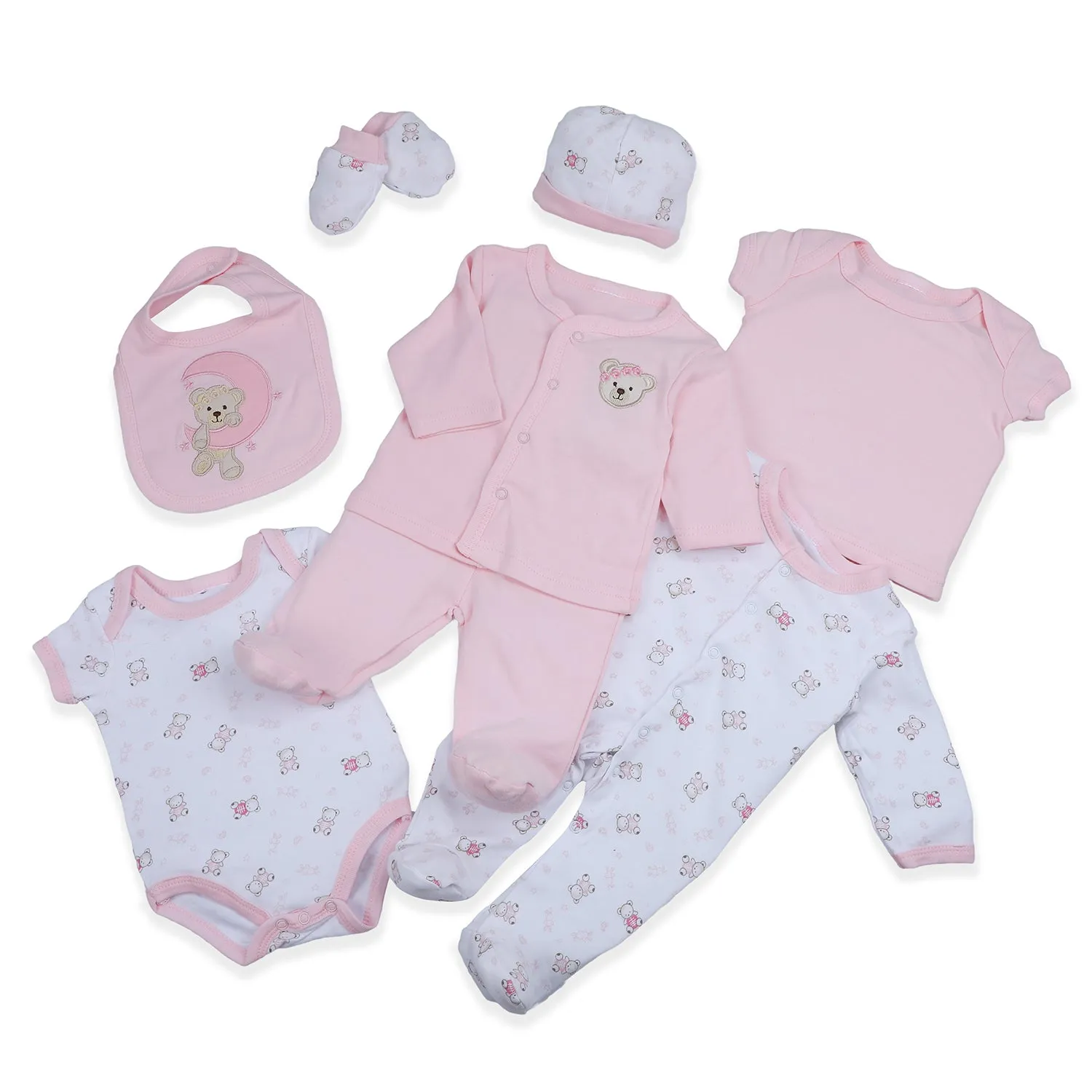 Baby Moo Sleepy Teddy Cotton Infant Essentials 8 pcs Romper Gift Set - Pink