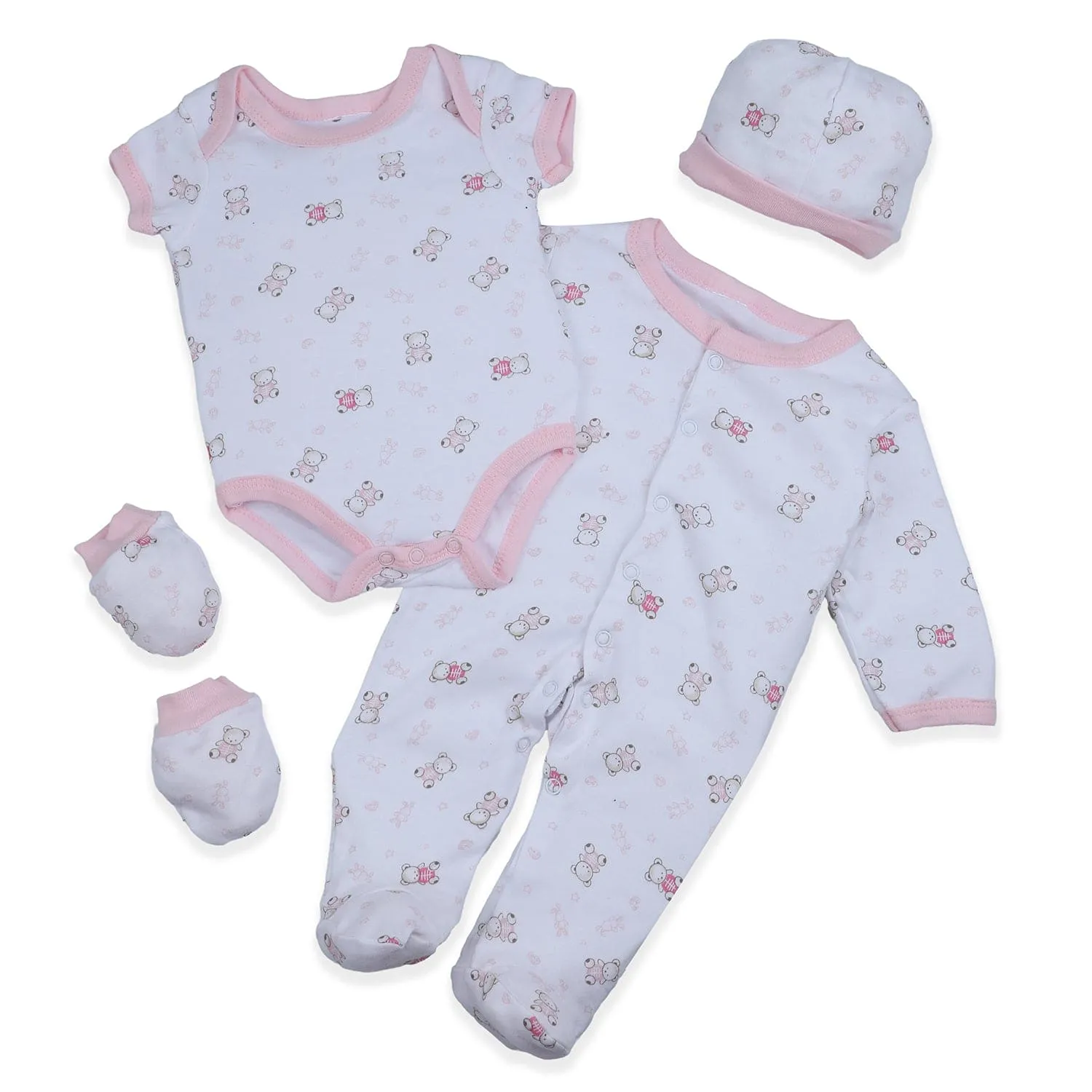 Baby Moo Sleepy Teddy Cotton Infant Essentials 8 pcs Romper Gift Set - Pink