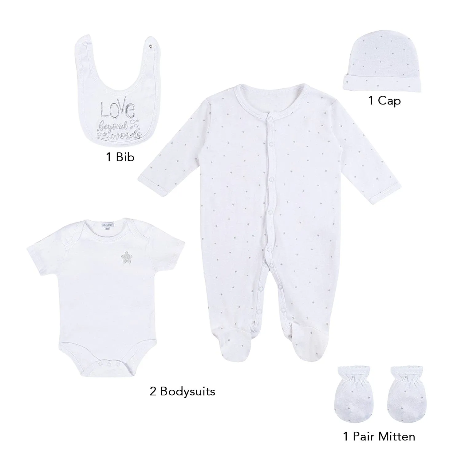 Baby Moo Star Love Gift Set 5 Piece With Bodysuits, Bib, Cap, Mittiens - White