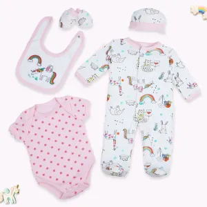 Baby Moo Unicorn Rainbow Infant Essentials 5 pcs Romper Gift Set - Pink