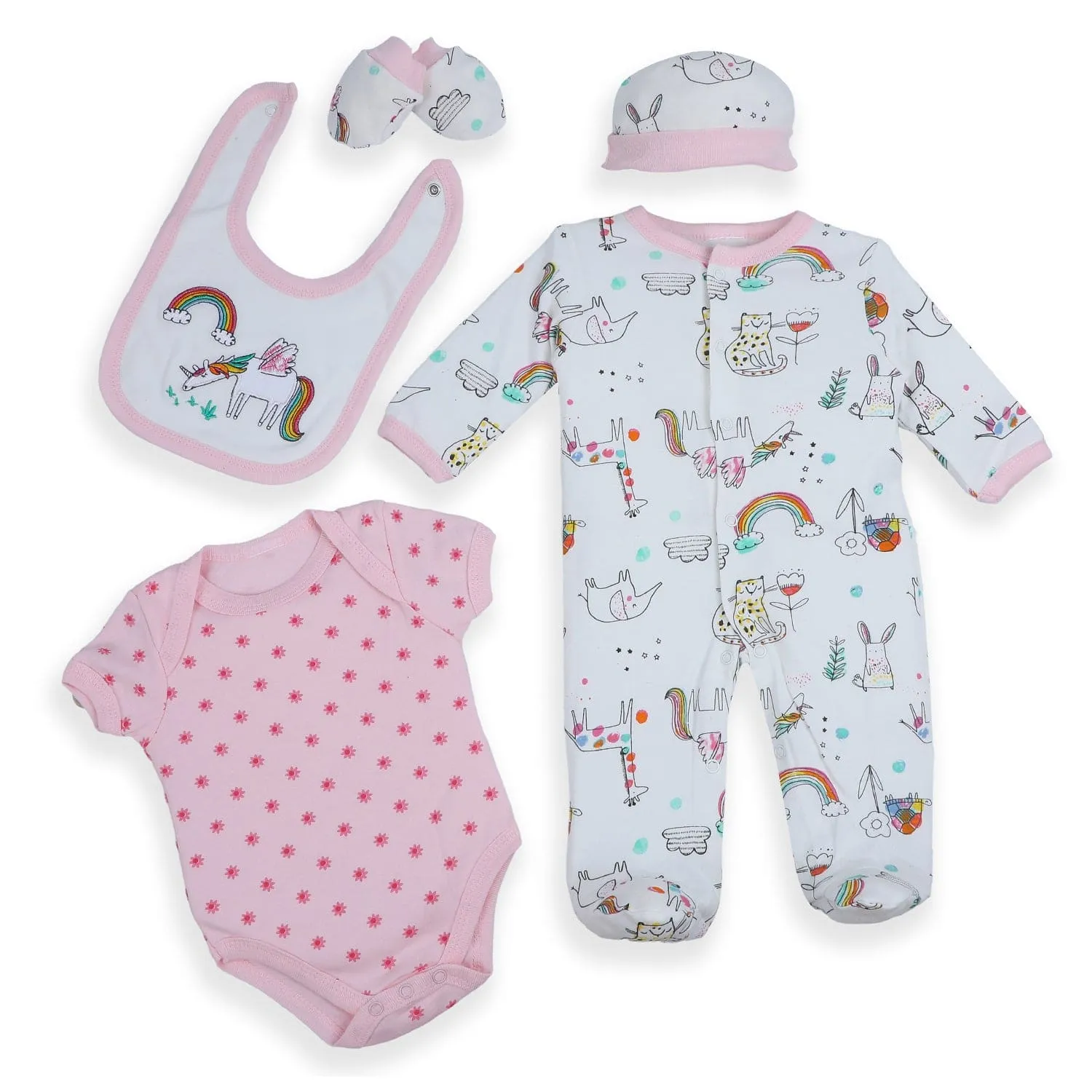 Baby Moo Unicorn Rainbow Infant Essentials 5 pcs Romper Gift Set - Pink