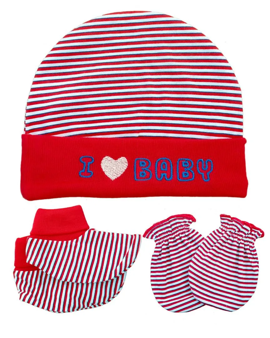 Baby Unisex Mitten Cotton Cap and Booty Set (Red) - Pack of 1