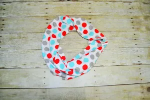 Baby/Toddler dr seuss  infinity scarf, soft baby scarf, trendy baby scarf, teal and red dots baby scarf,infinity scarf