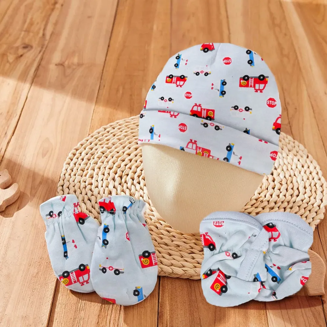 Cap Mittens And Booties Gift Set Vehicle Print Blue