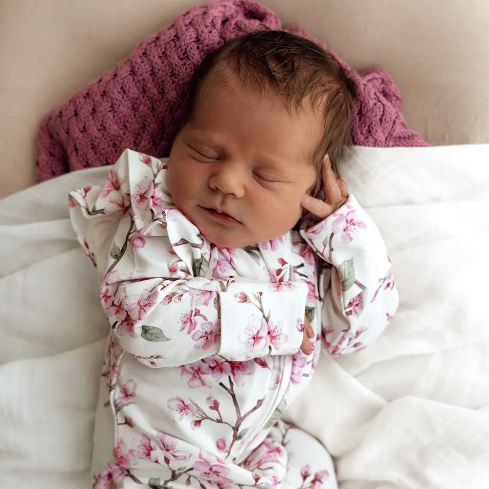 Cherry Blossom Organic Snuggle Sleepsuit Zip Footie with Frill