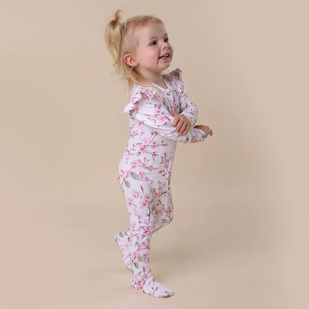 Cherry Blossom Organic Snuggle Sleepsuit Zip Footie with Frill