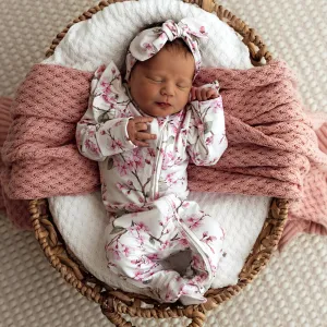 Cherry Blossom Organic Snuggle Sleepsuit Zip Footie with Frill