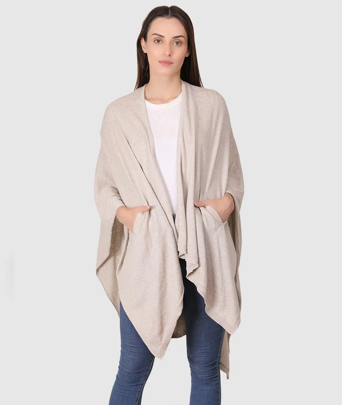 Classic Travel Wrap - Organic Cotton Knitted Light Weight Wrap in Pouch (Light Beige Melange)