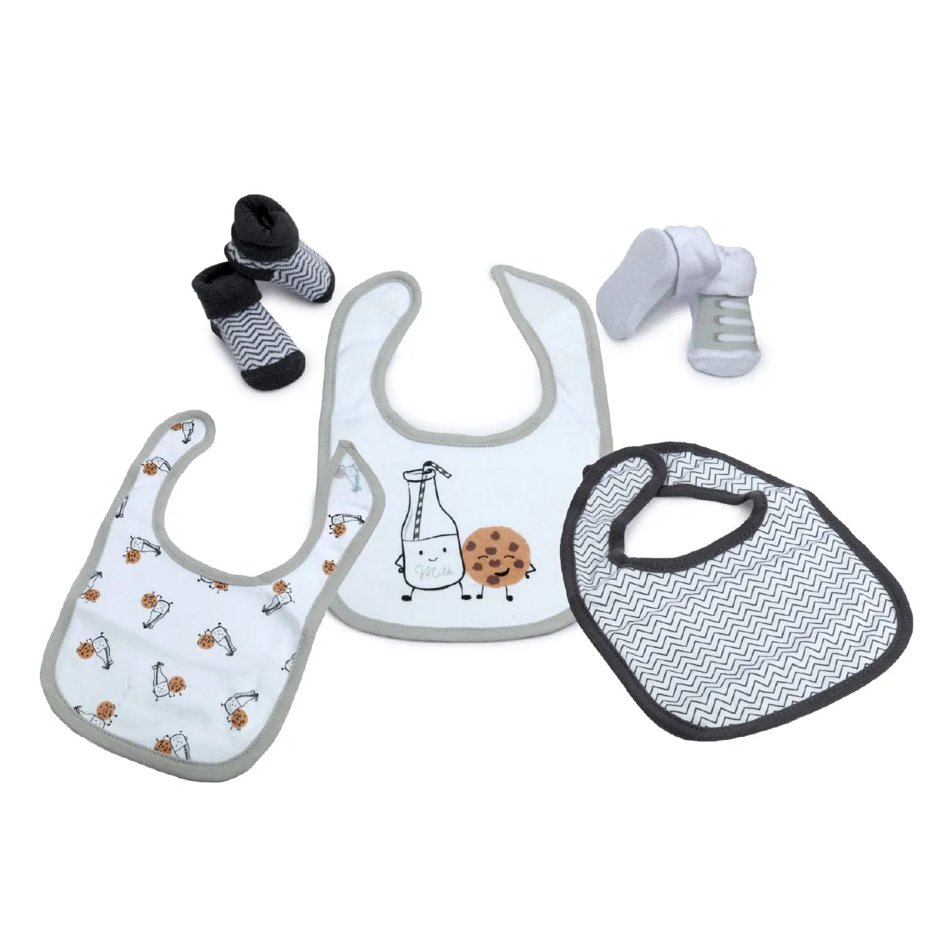 Cookies And Milk Grey And White Set Of 3 Bibs And 2 Socks