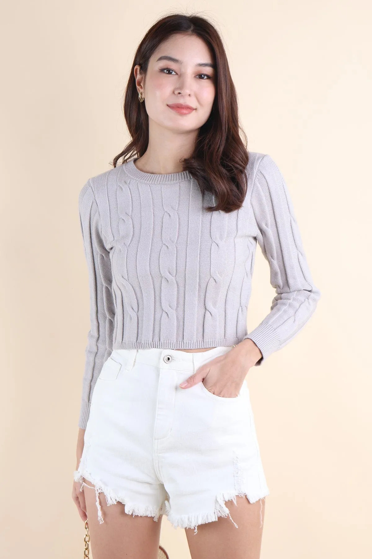 EVA CABLE KNIT TOP IN GREIGE