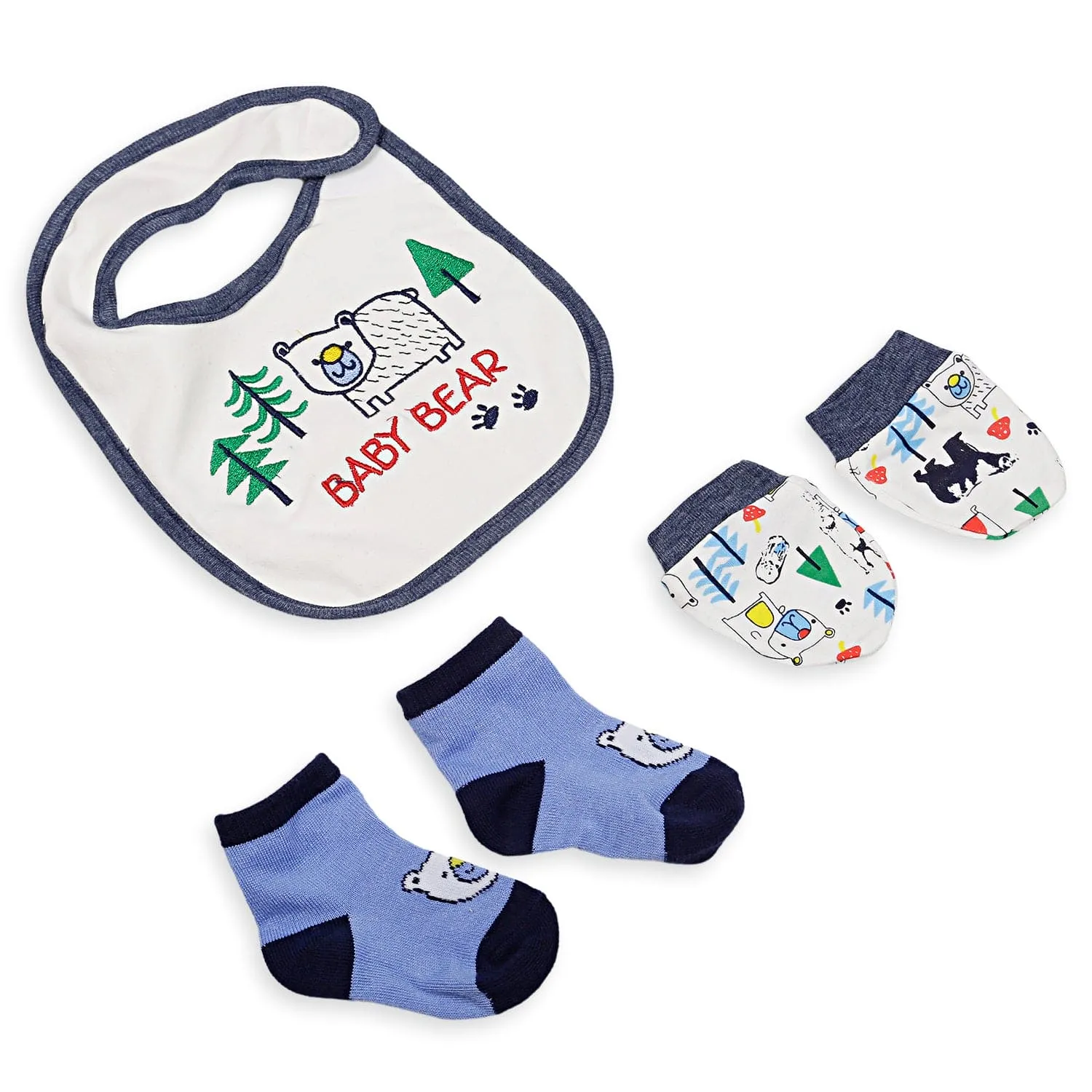 Feeding Bibs Socks And Mittens Set Of 3 Bear Printed Blue