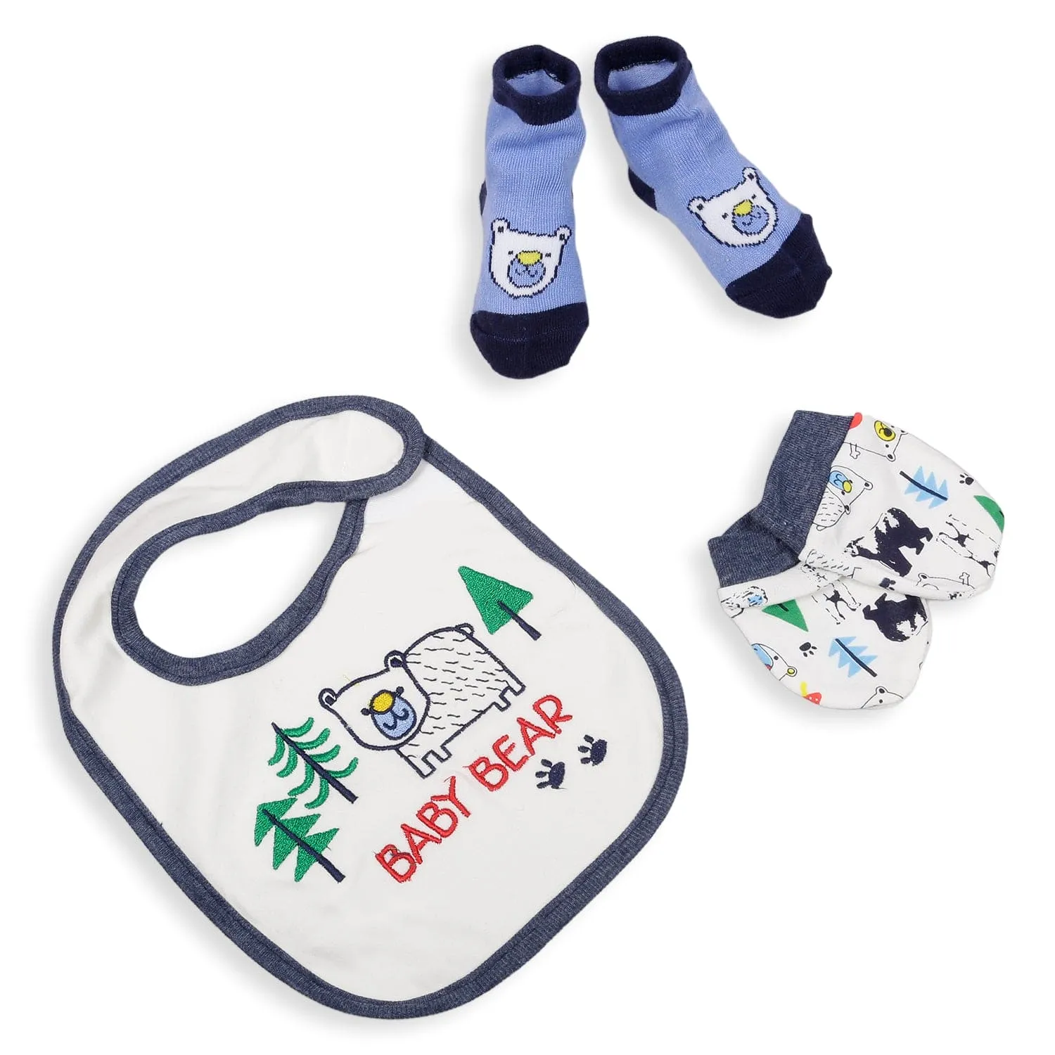 Feeding Bibs Socks And Mittens Set Of 3 Bear Printed Blue