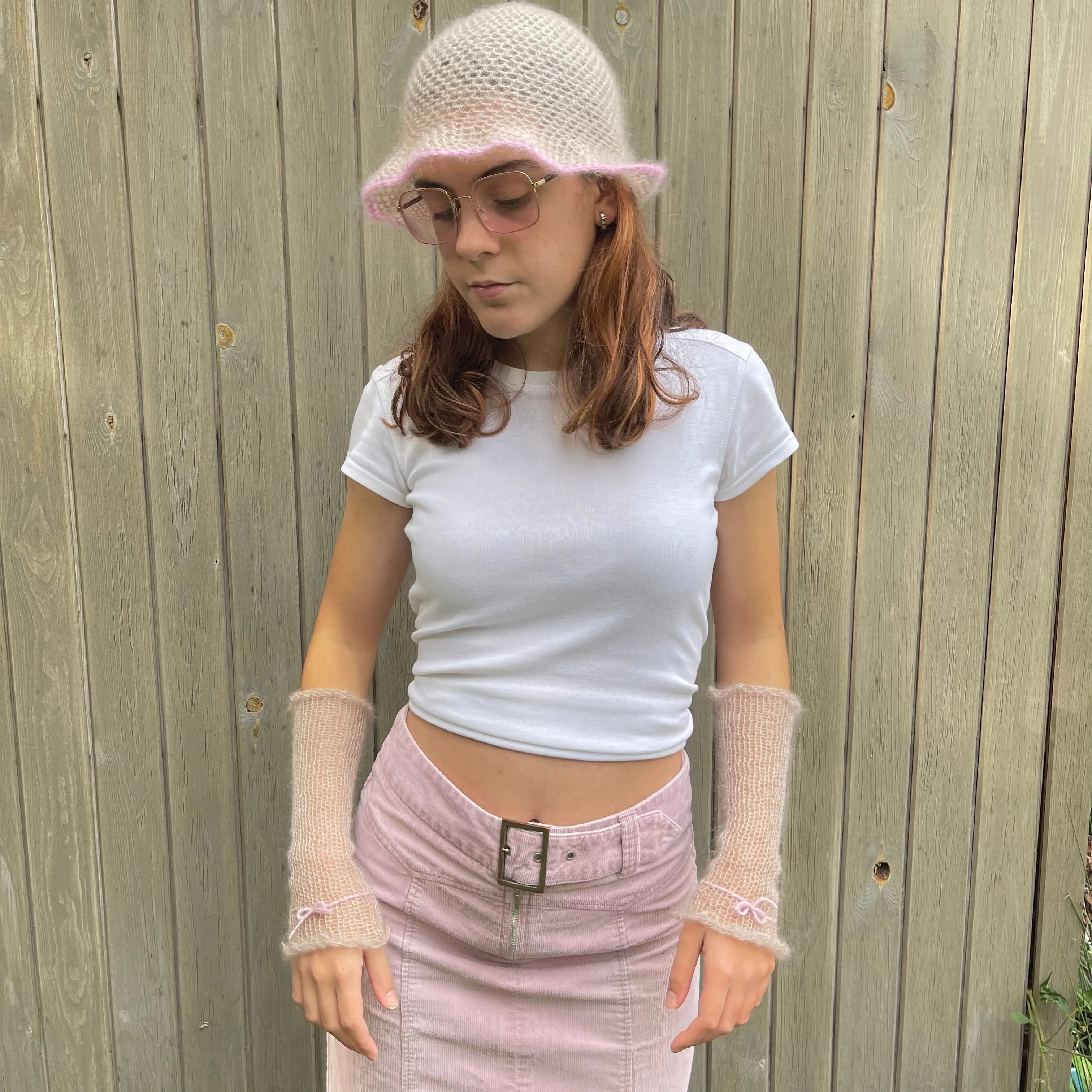 Handmade crochet mohair bucket hat in beige with baby pink trim