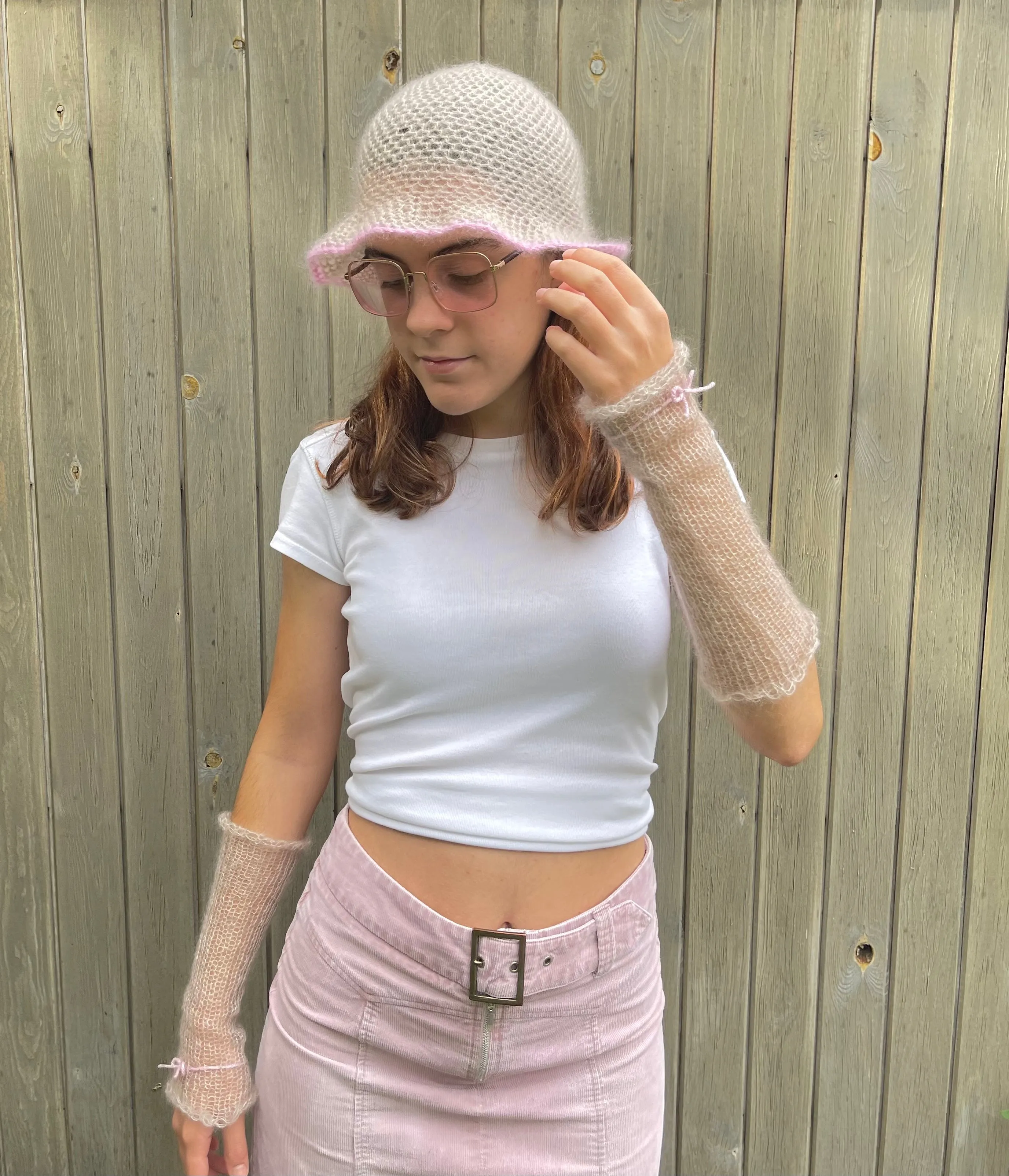 Handmade crochet mohair bucket hat in beige with baby pink trim