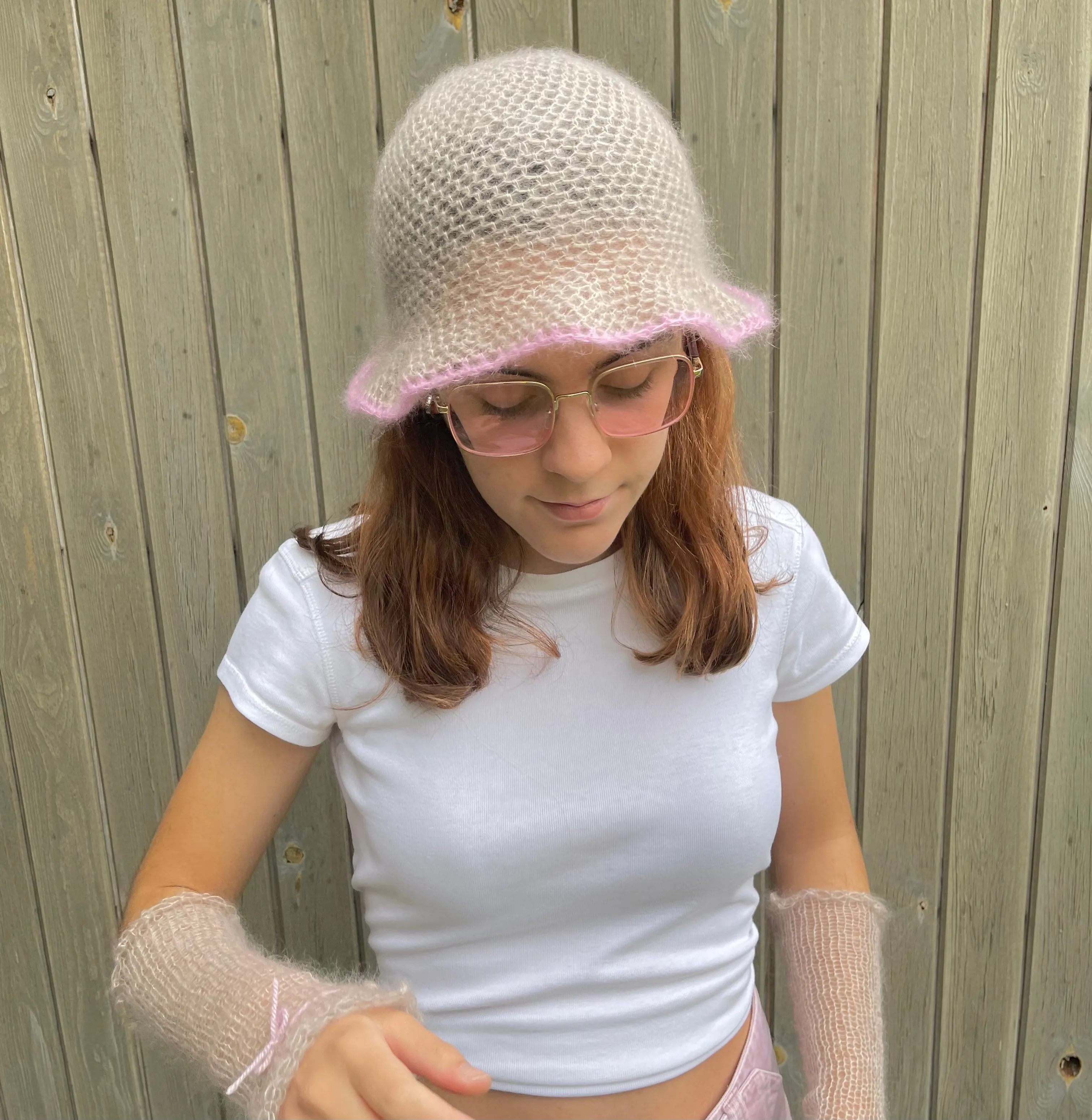 Handmade crochet mohair bucket hat in beige with baby pink trim