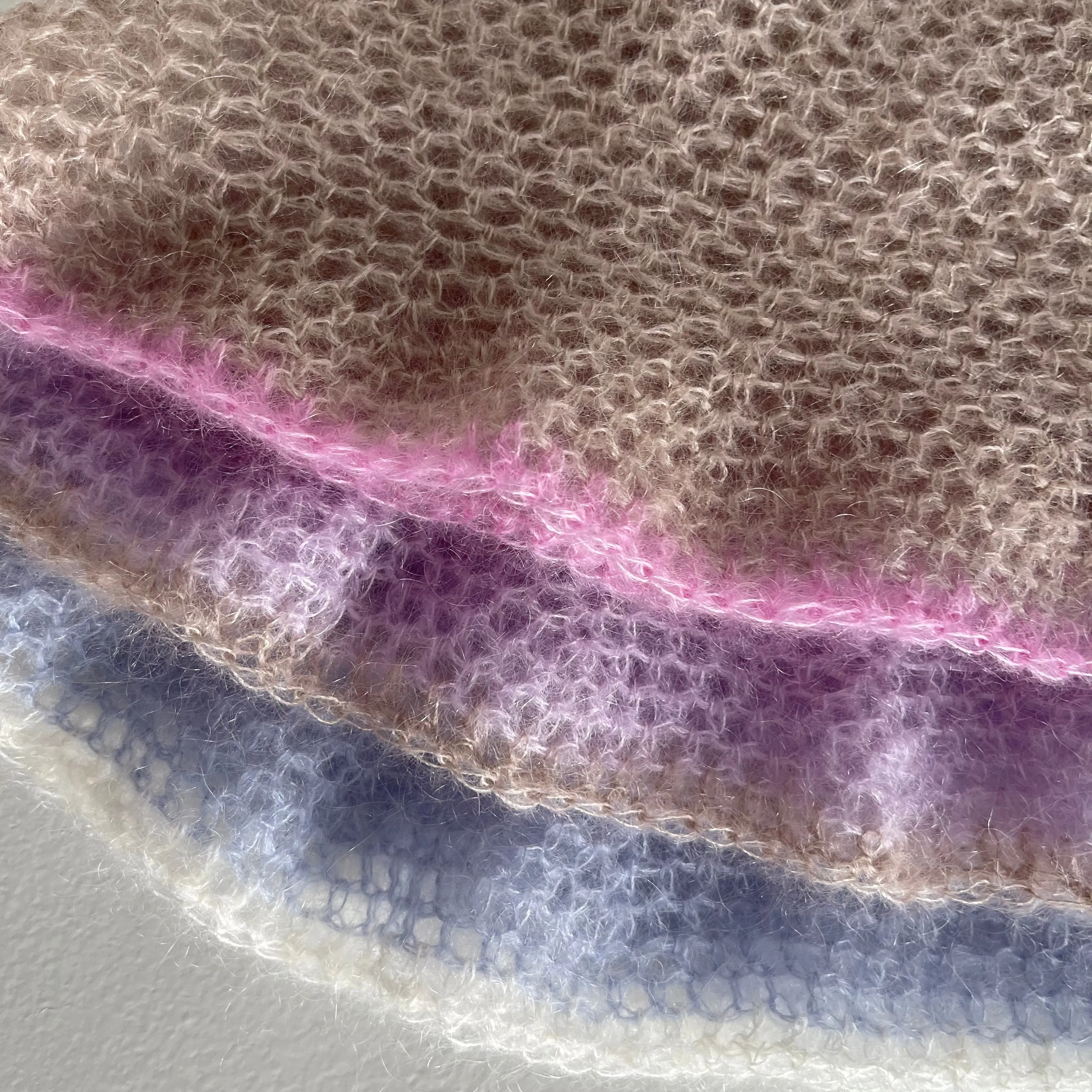 Handmade crochet mohair bucket hat in beige with baby pink trim