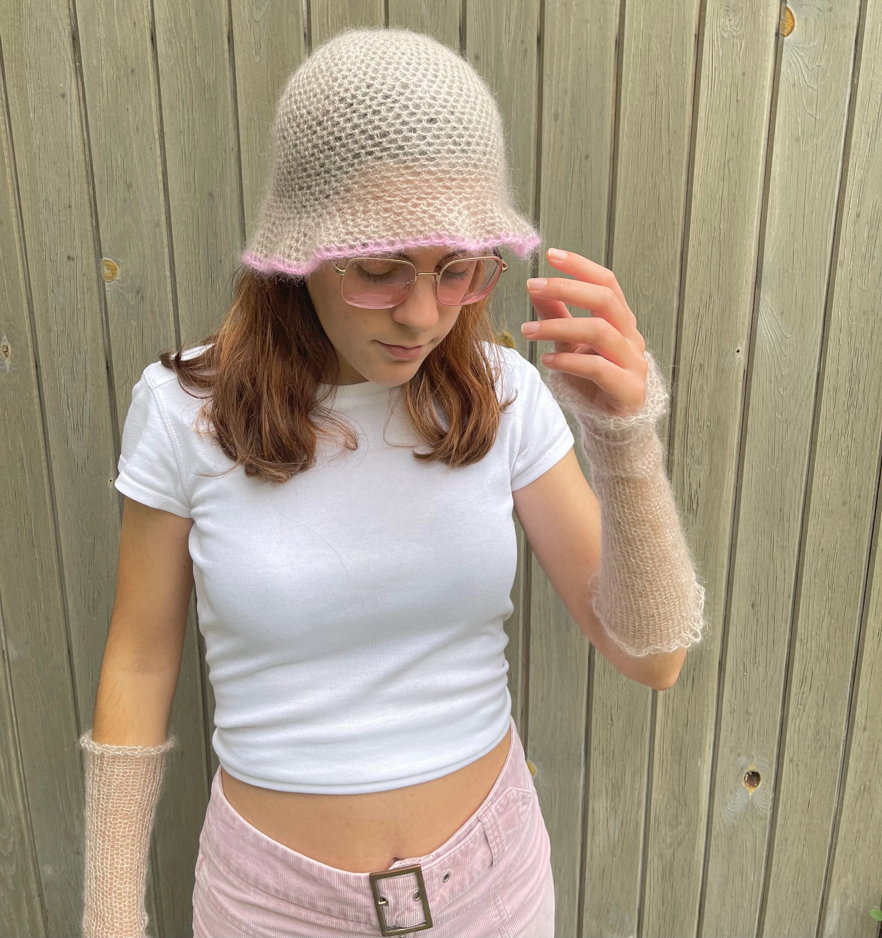 Handmade crochet mohair bucket hat in beige with baby pink trim