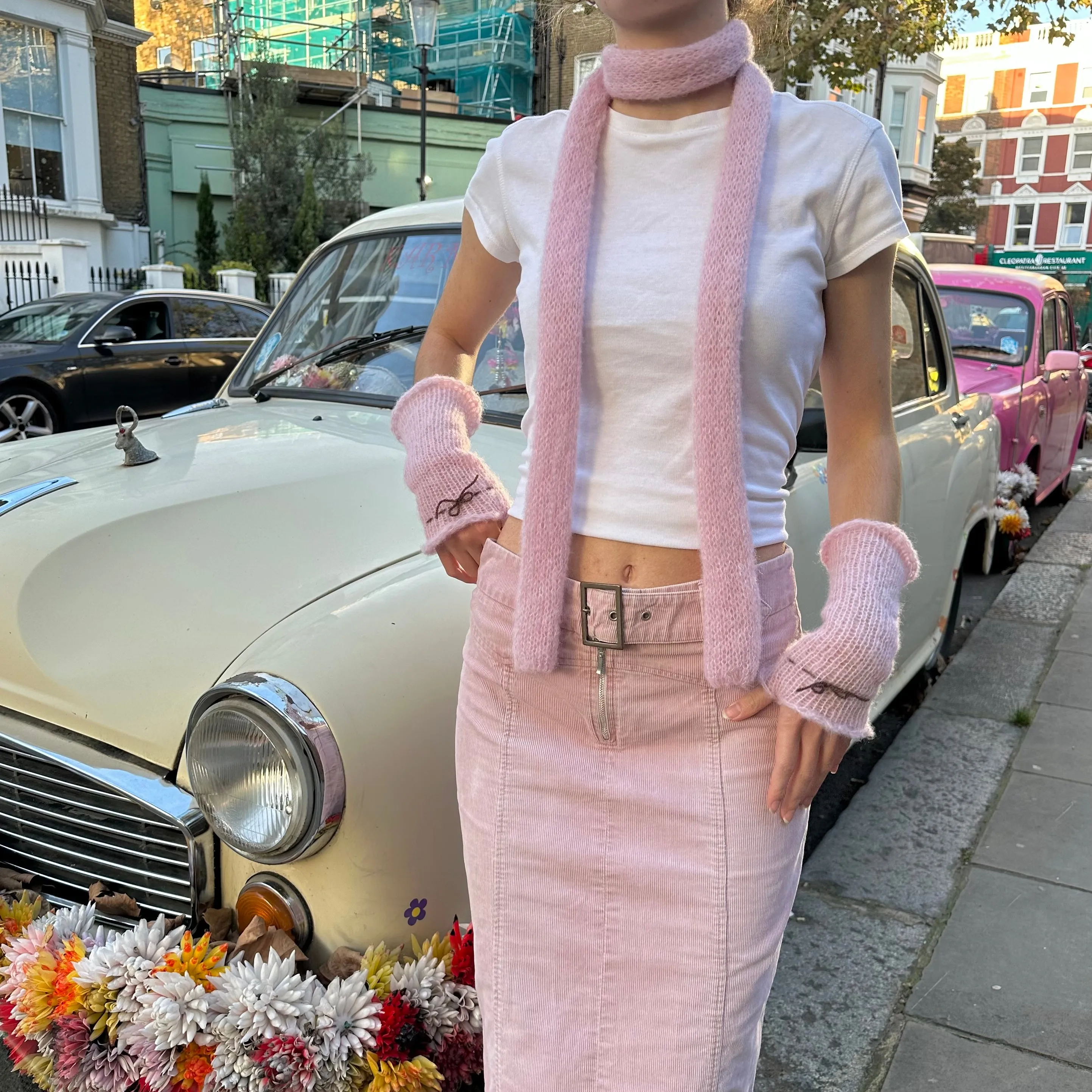 Handmade knitted mohair bow gloves in baby pink & brown - with thumb hole