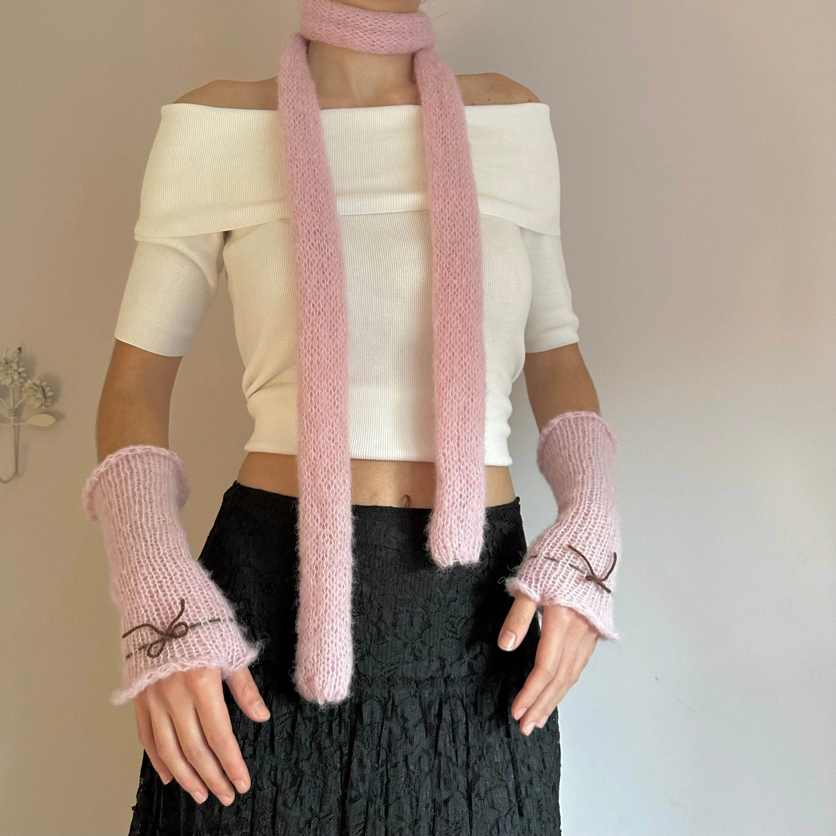 Handmade knitted mohair bow gloves in baby pink & brown - with thumb hole