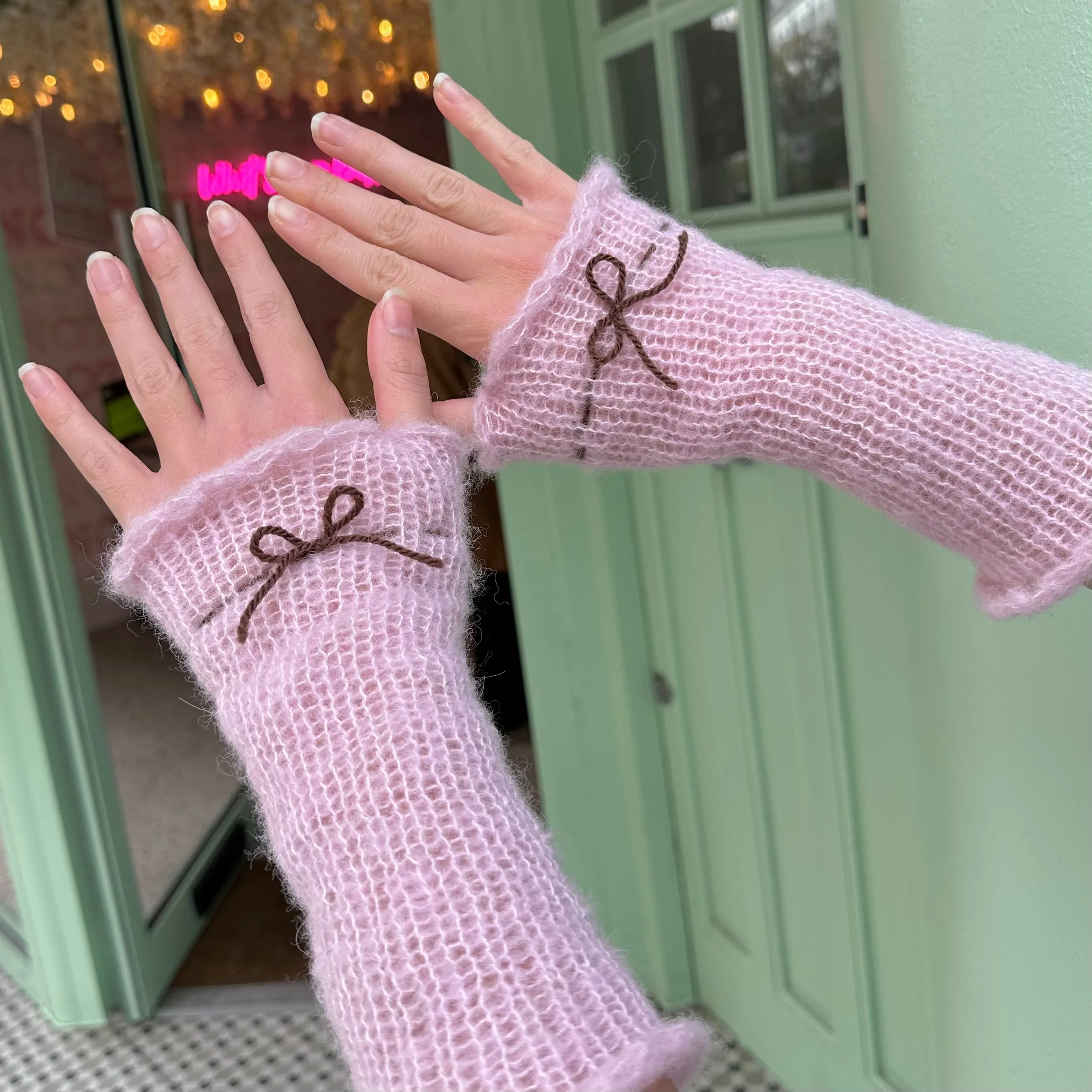 Handmade knitted mohair bow gloves in baby pink & brown - with thumb hole