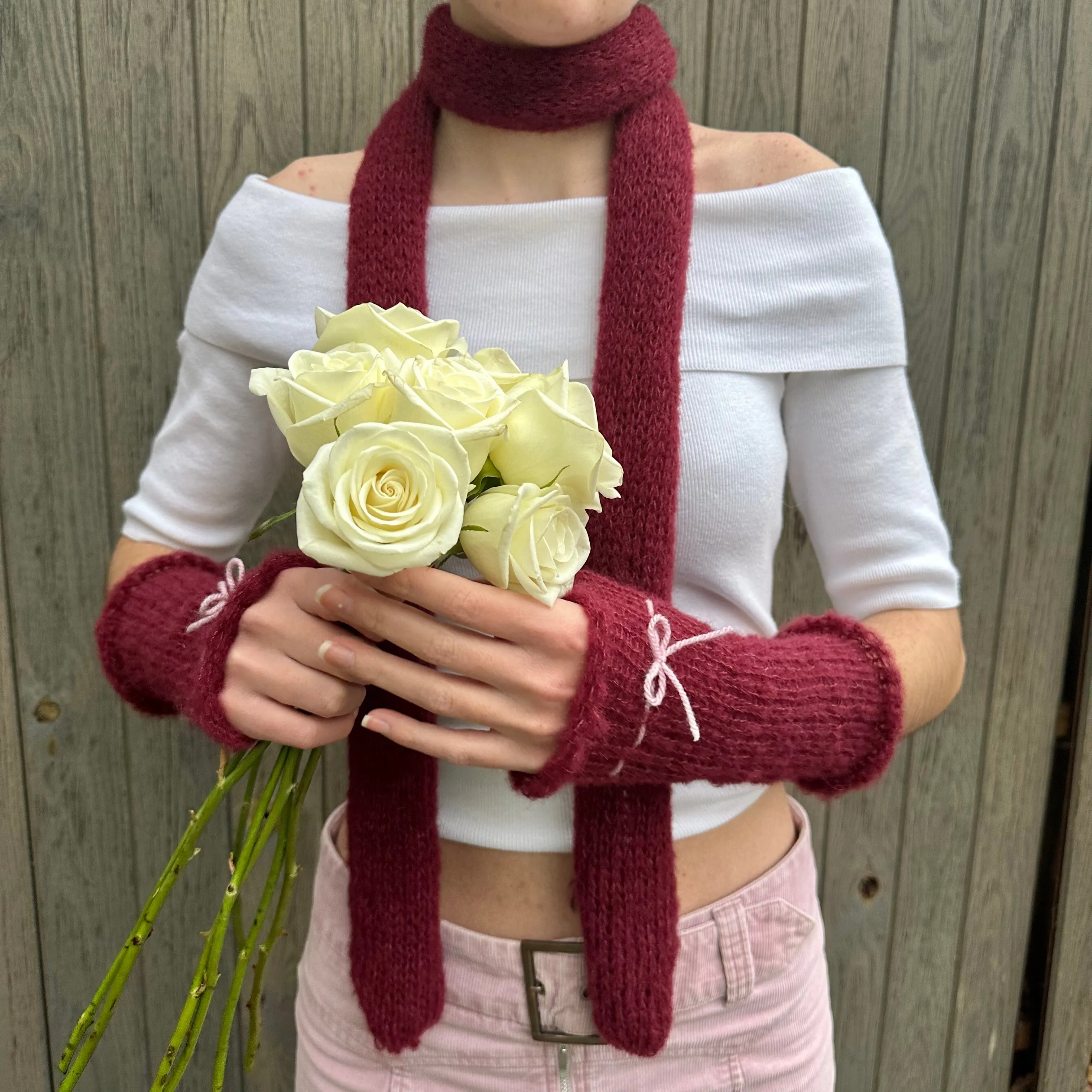 Handmade knitted mohair bow gloves in burgundy and baby pink - with thumb hole