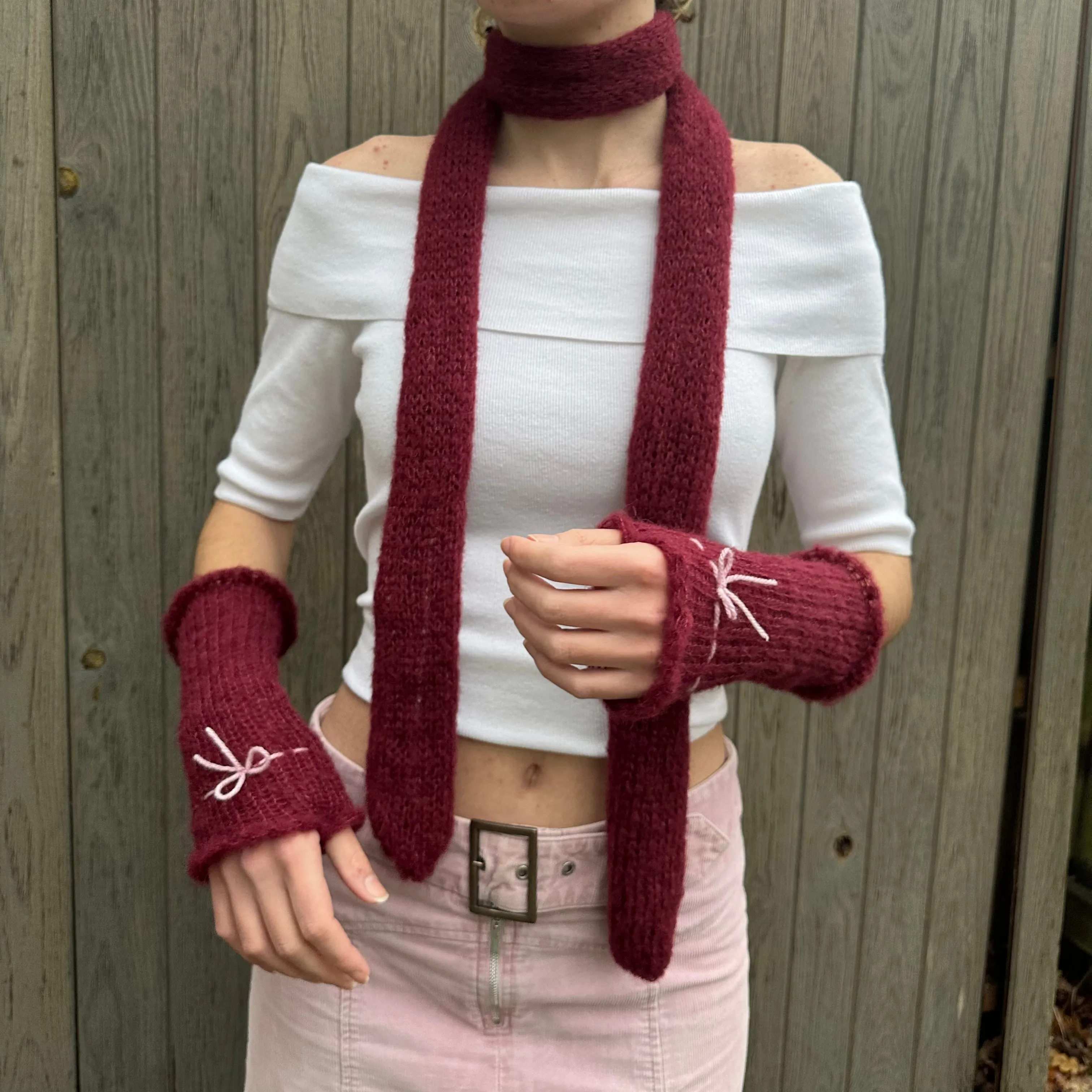 Handmade knitted mohair bow gloves in burgundy and baby pink - with thumb hole