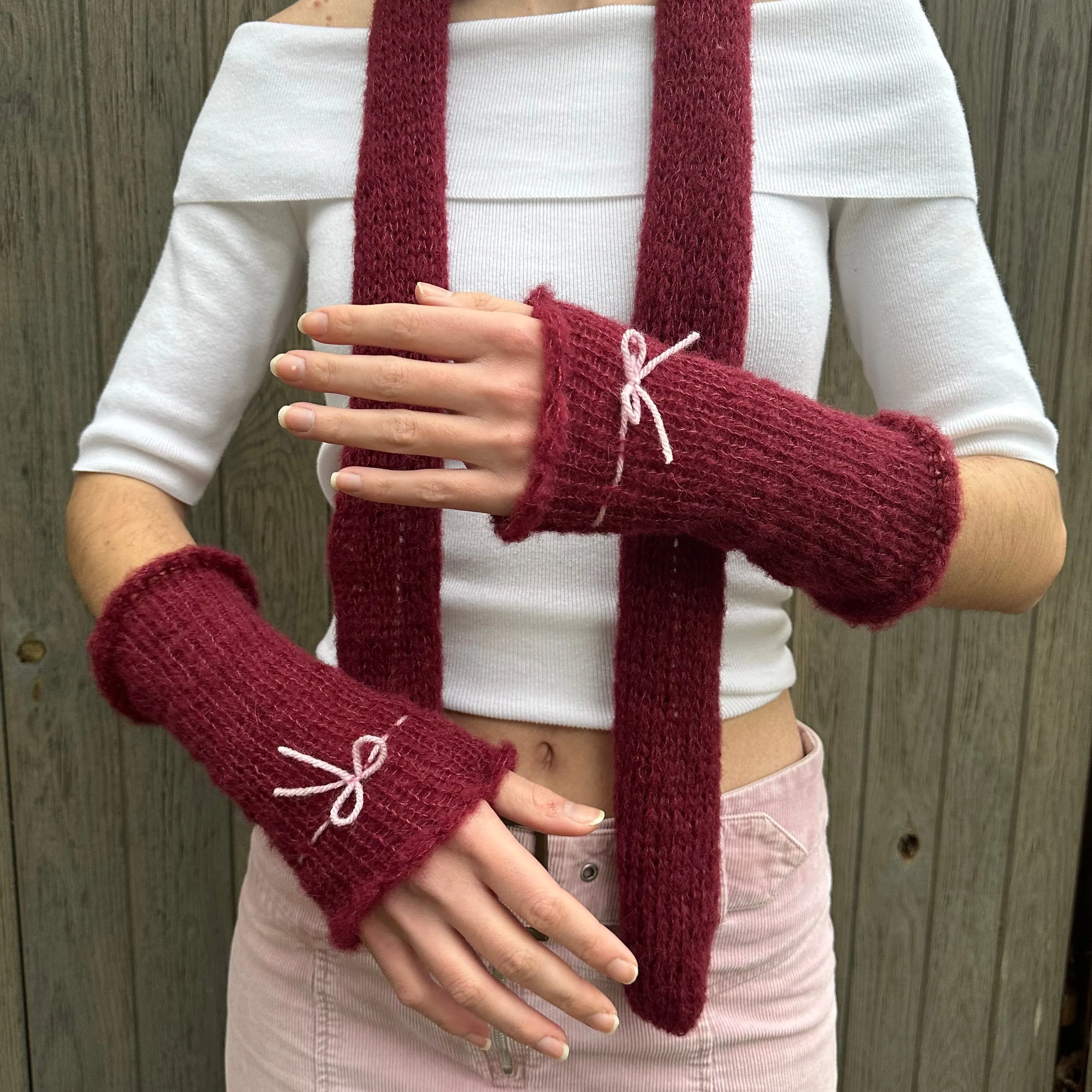 Handmade knitted mohair bow gloves in burgundy and baby pink - with thumb hole