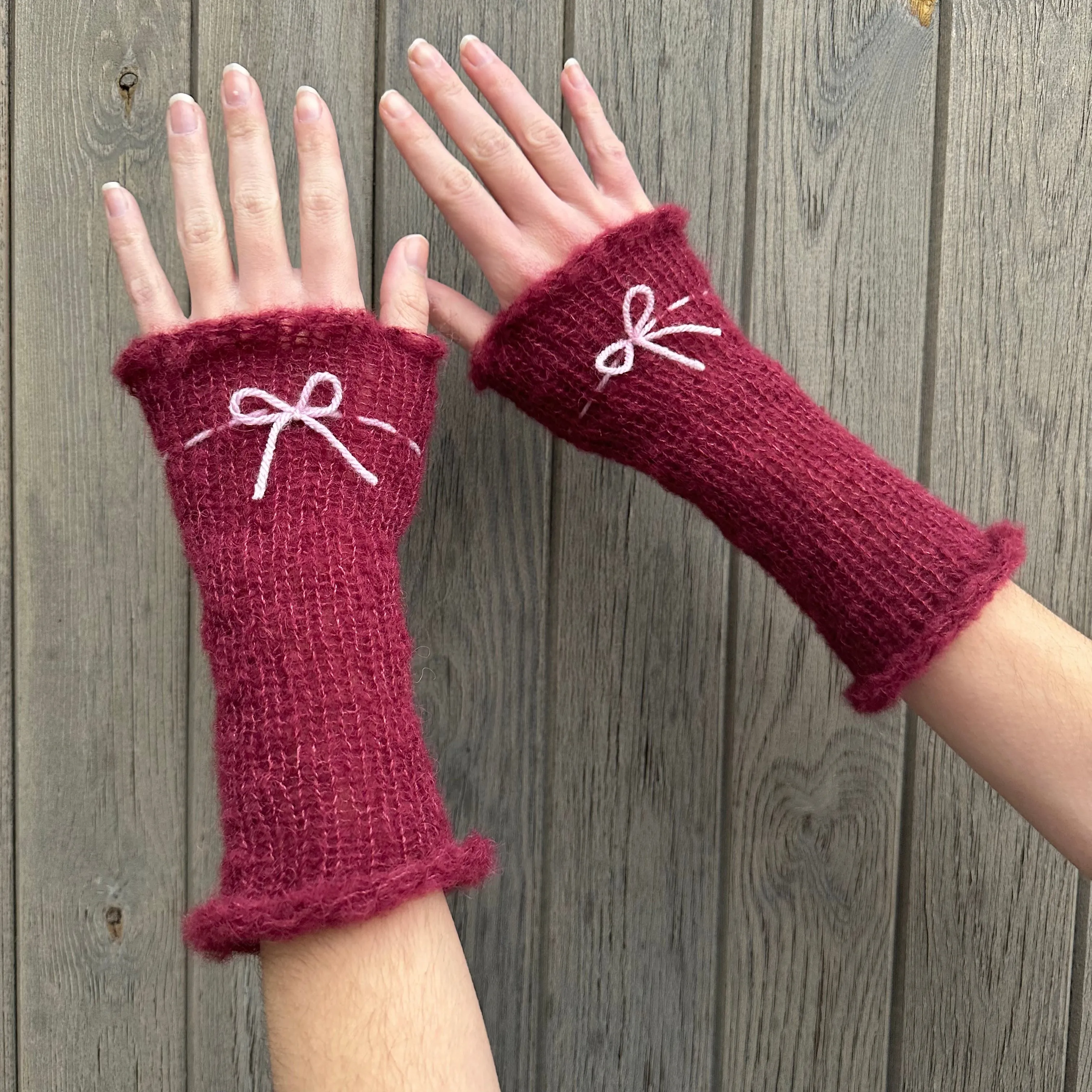 Handmade knitted mohair bow gloves in burgundy and baby pink - with thumb hole