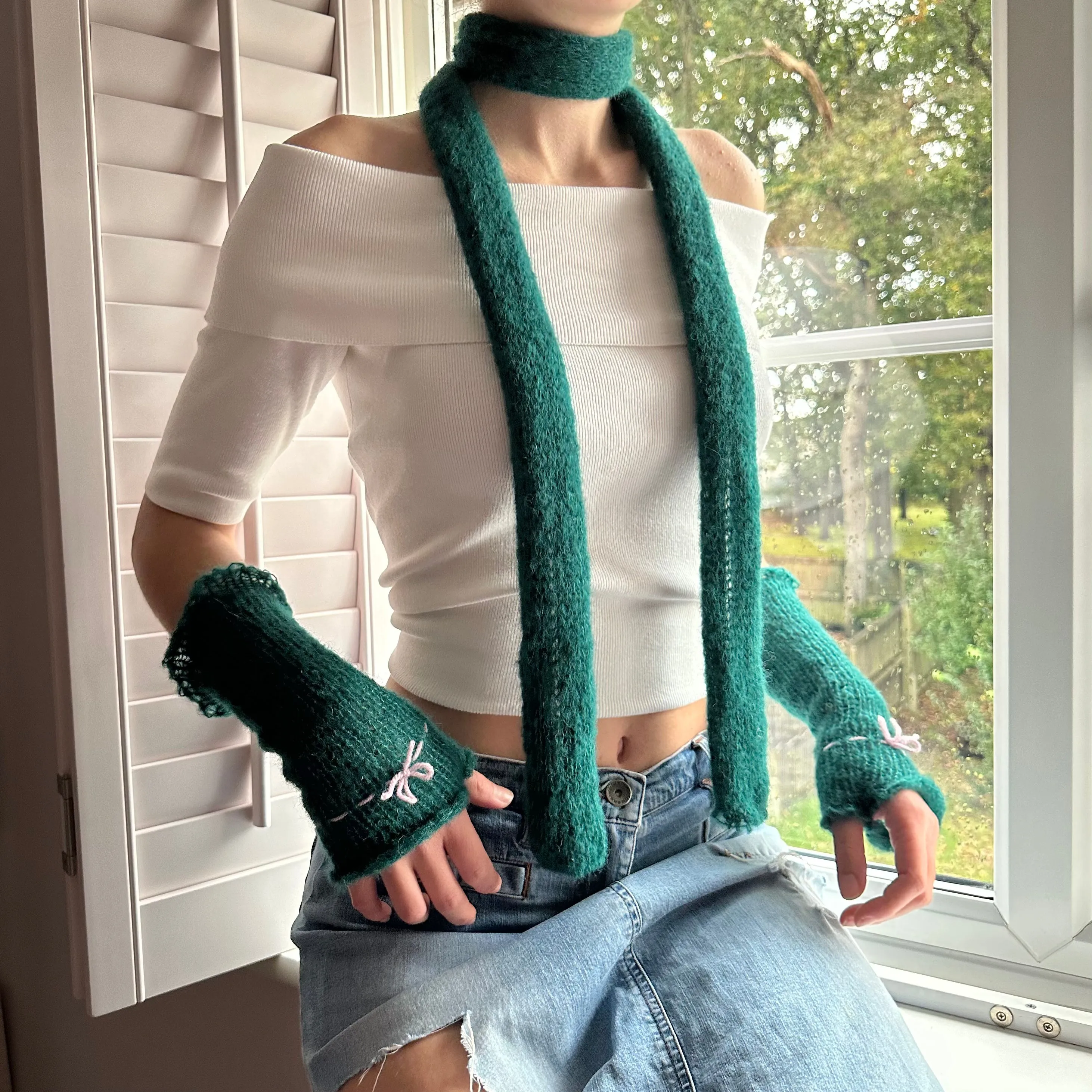 Handmade knitted mohair bow gloves in emerald green and baby pink - with thumb hole