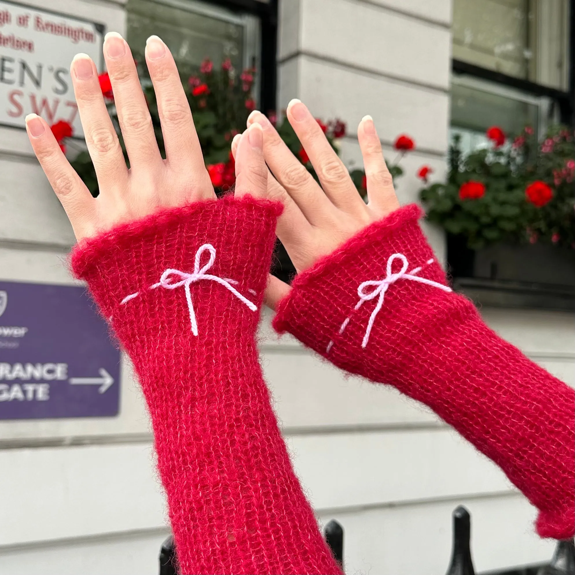 Handmade knitted mohair bow gloves in red & baby pink - with thumb hole