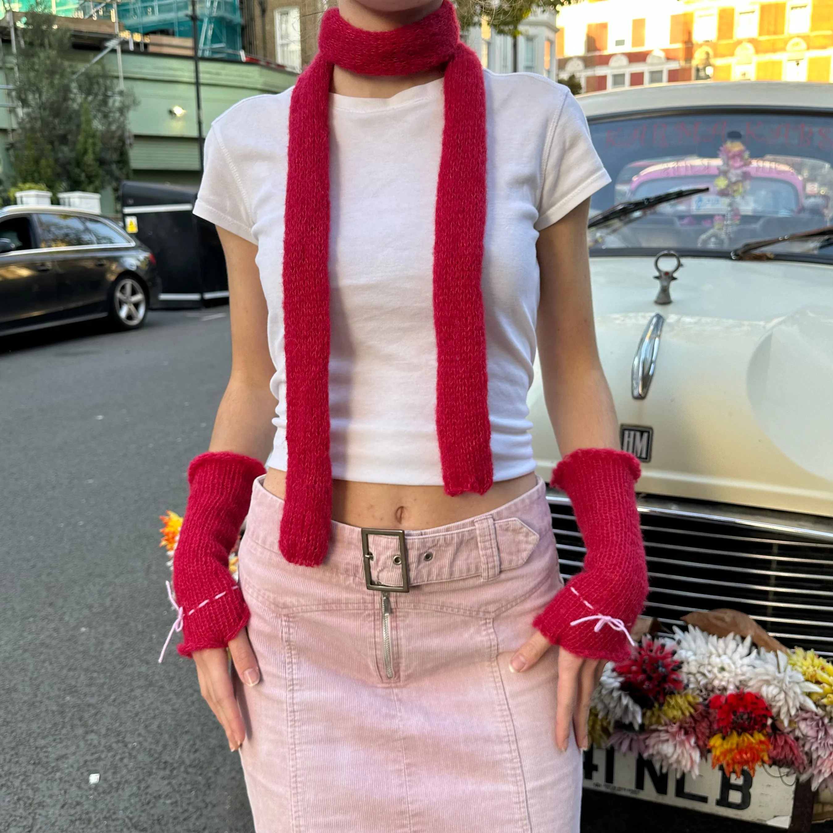 Handmade knitted mohair bow gloves in red & baby pink - with thumb hole