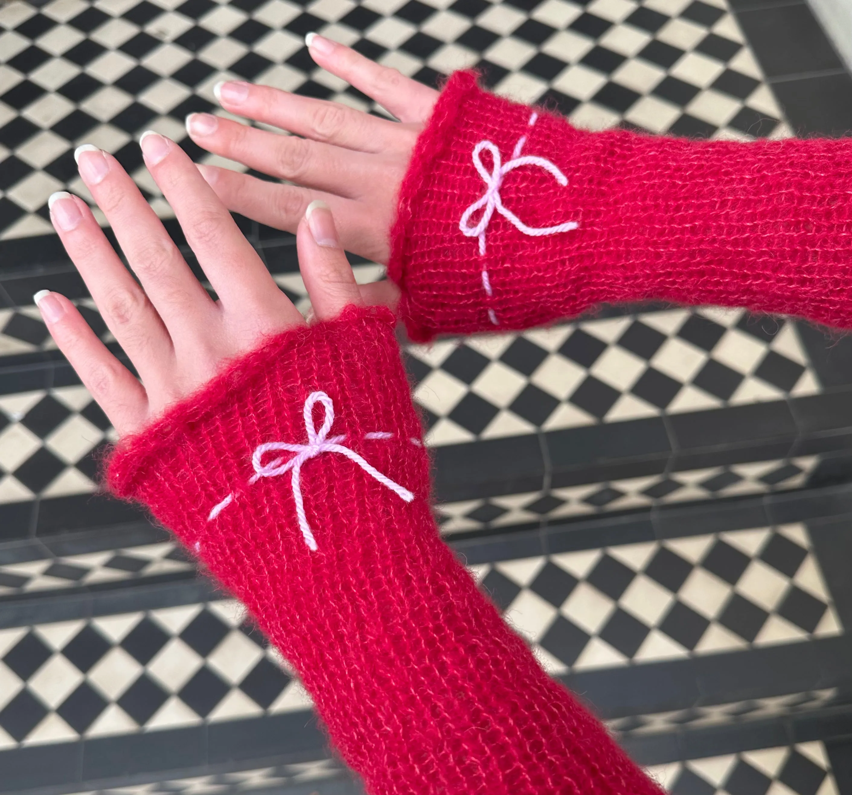 Handmade knitted mohair bow gloves in red & baby pink - with thumb hole