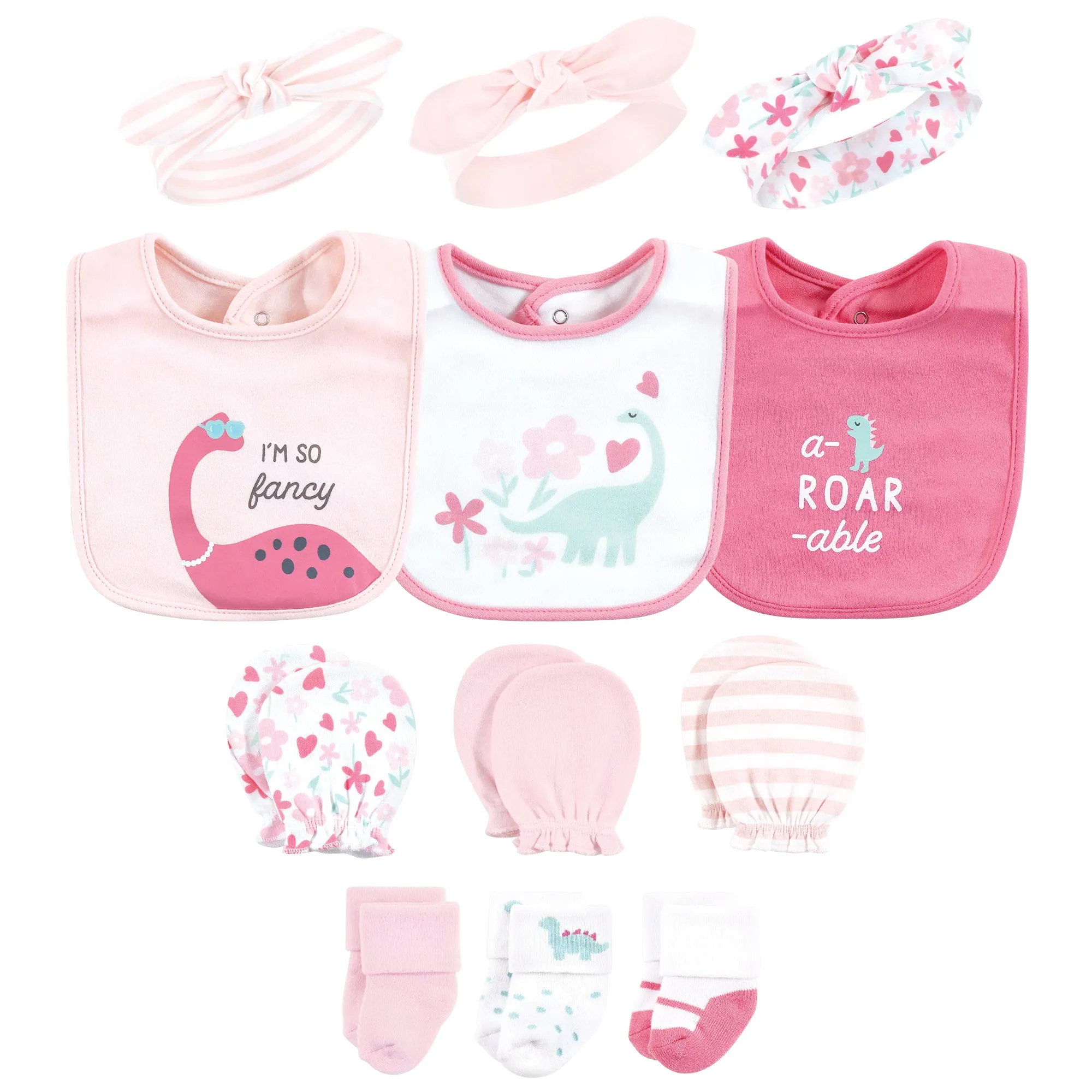 Hudson Baby Caps or Headbands, Bibs, Mittens and Socks 12pc Set, Pink Dinosaur