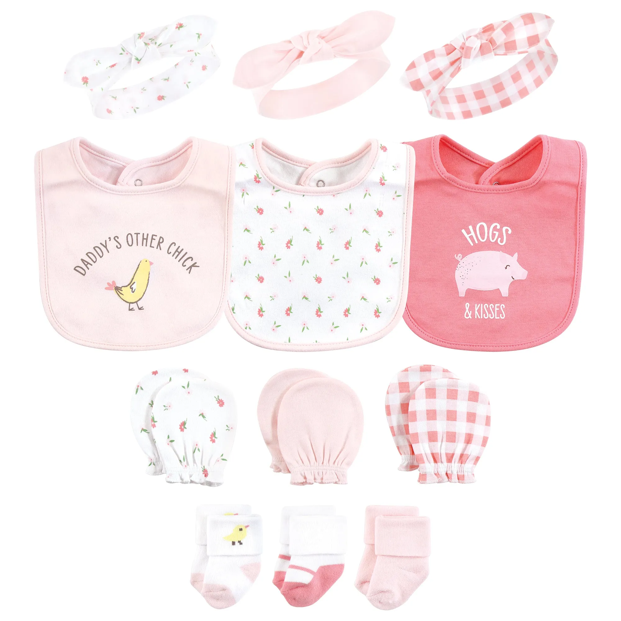 Hudson Baby Caps or Headbands, Bibs, Mittens and Socks 12pc Set, Pink Farm