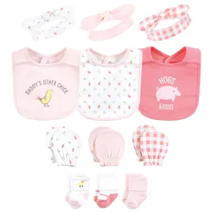 Hudson Baby Caps or Headbands, Bibs, Mittens and Socks 12pc Set, Pink Farm