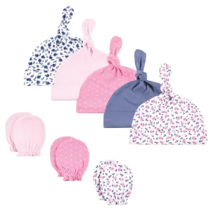 Hudson Baby Cotton Cap and Scratch Mitten Set, Blue Pink Floral