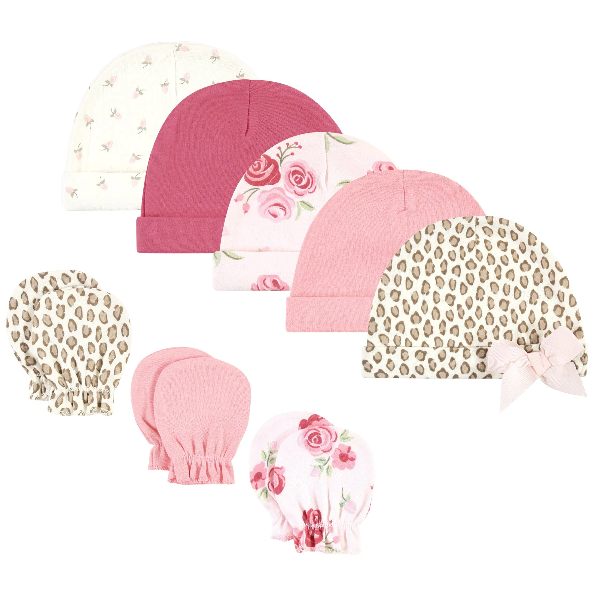 Hudson Baby Cotton Cap and Scratch Mitten Set, Blush Rose Leopard