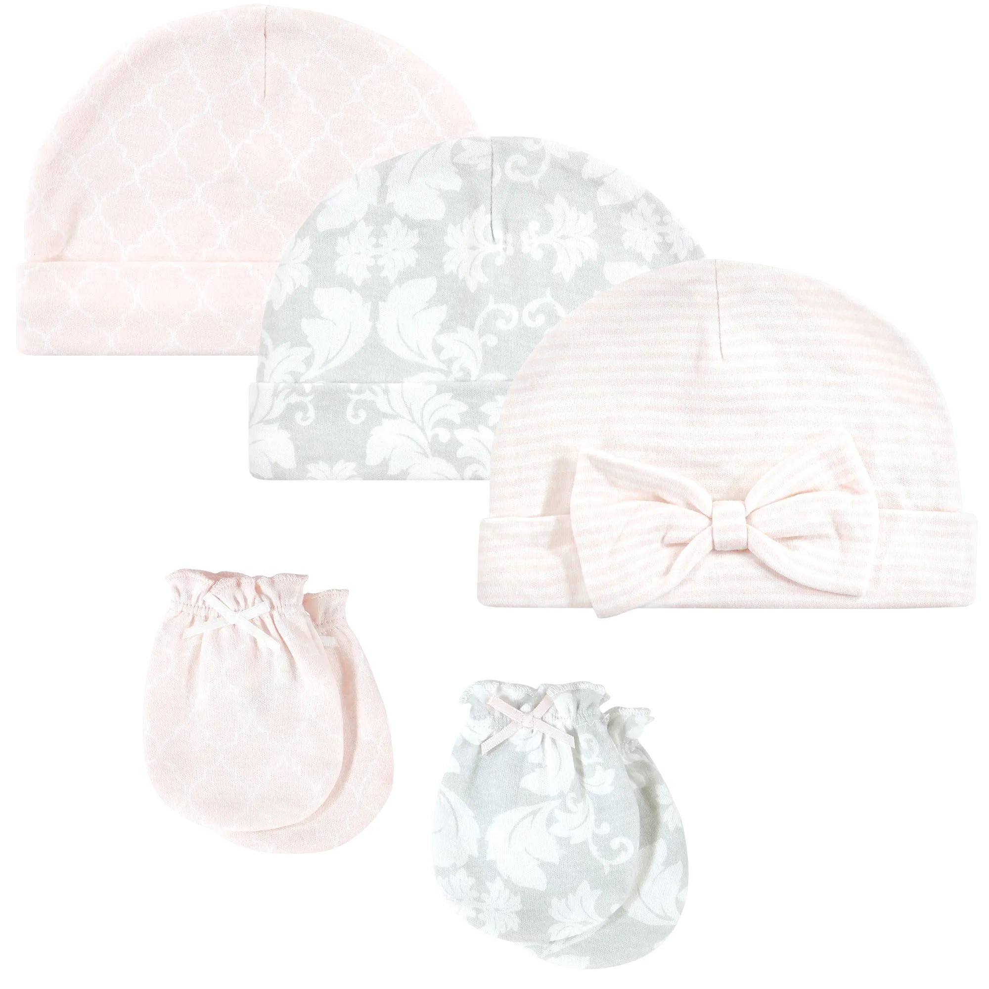 Hudson Baby Cotton Cap and Scratch Mitten Set, Damask