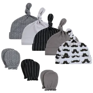 Hudson Baby Cotton Cap and Scratch Mitten Set, Modern Mustache