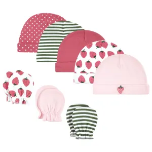 Hudson Baby Cotton Cap and Scratch Mitten Set, Strawberry